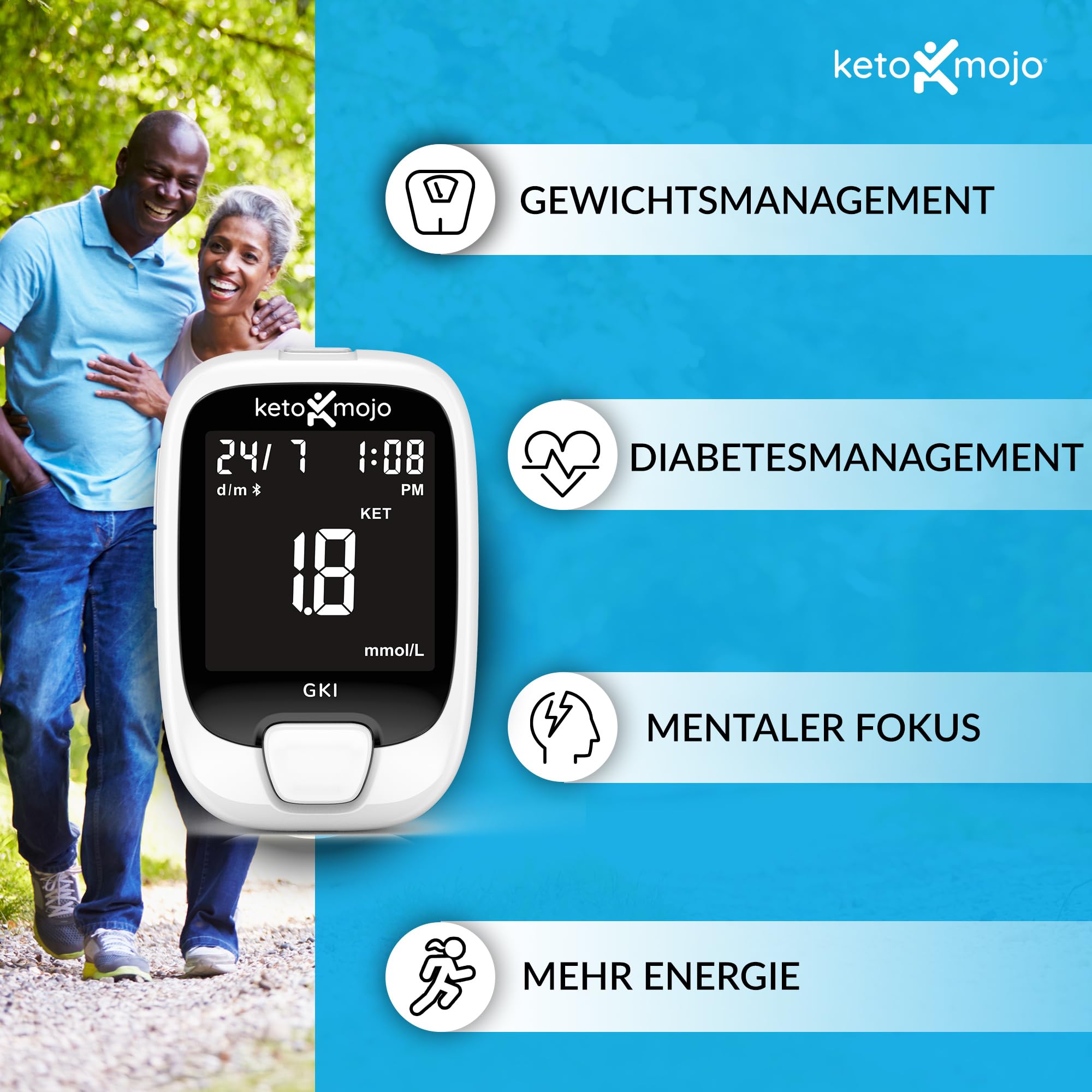 KETO-MOJO GKI Bluetooth Glukose- und Keton-Testkit (mmol/L) + kostenlose APP für Ketose- und Diabetes-Management. 20 Blutteststreifen (je 10), Messgerät, 20 Lanzetten, Stechhilfe und Kontrolllösungen