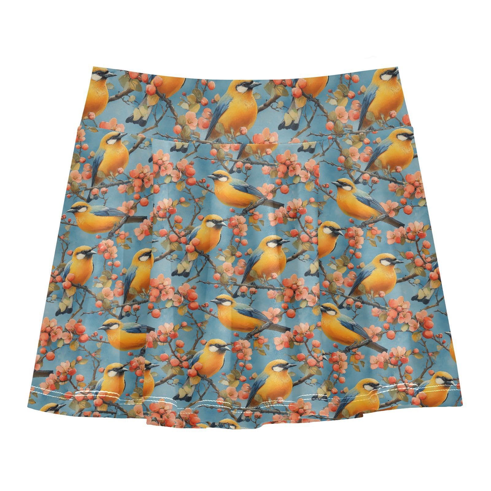 JUNZAN Spring Birds Blue Athletic Skirt Girls with Shorts Kids Pleated Skort with Pockets Flowy Skorts for Little Girl