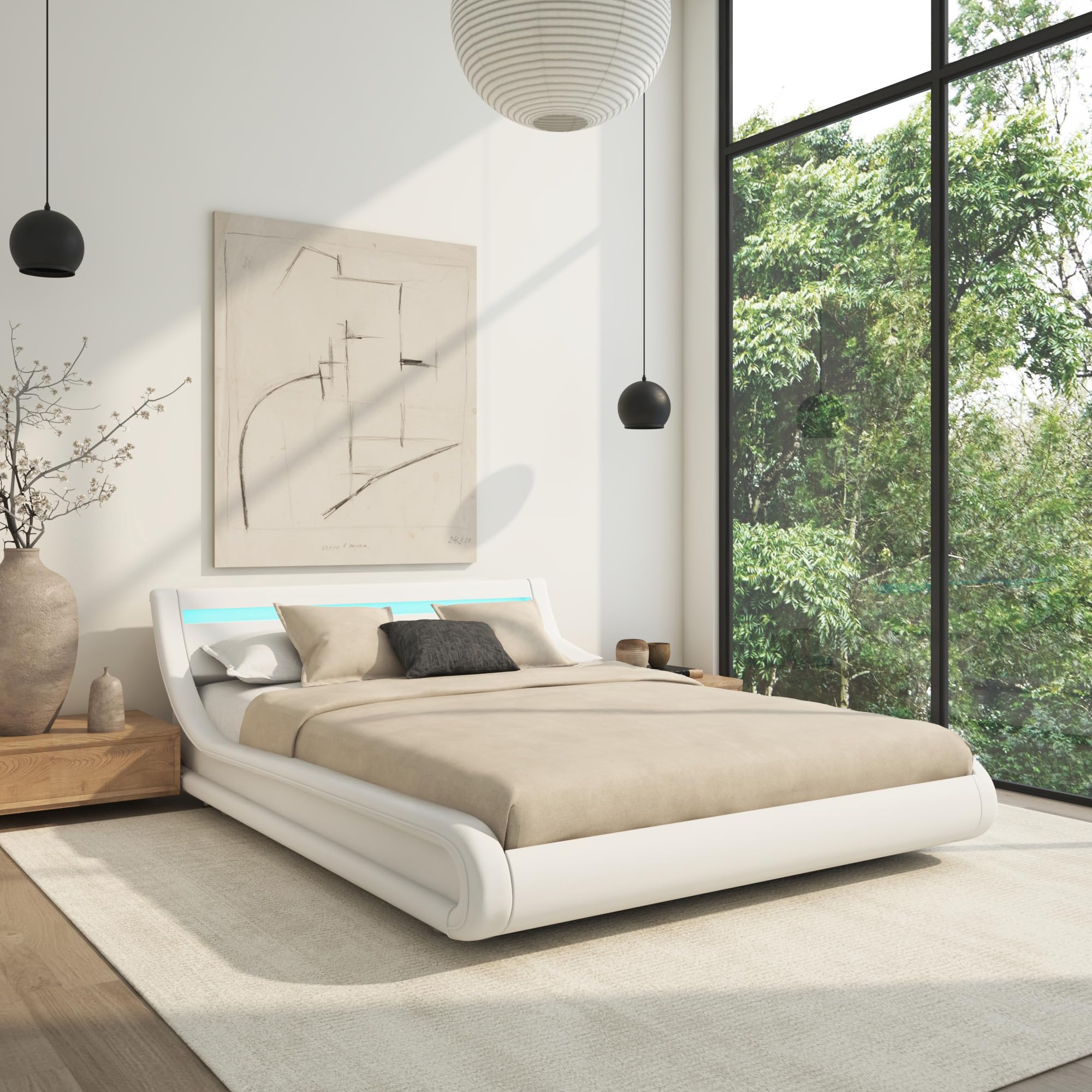 MB Muebles Bonitos | Cama de Matrimonio Parisina para Colchón de 150x190 cm | Luz LED | Canapé Abatible | Somier de Láminas | Estructura de Madera tapizada en Polipiel | Color Blanco