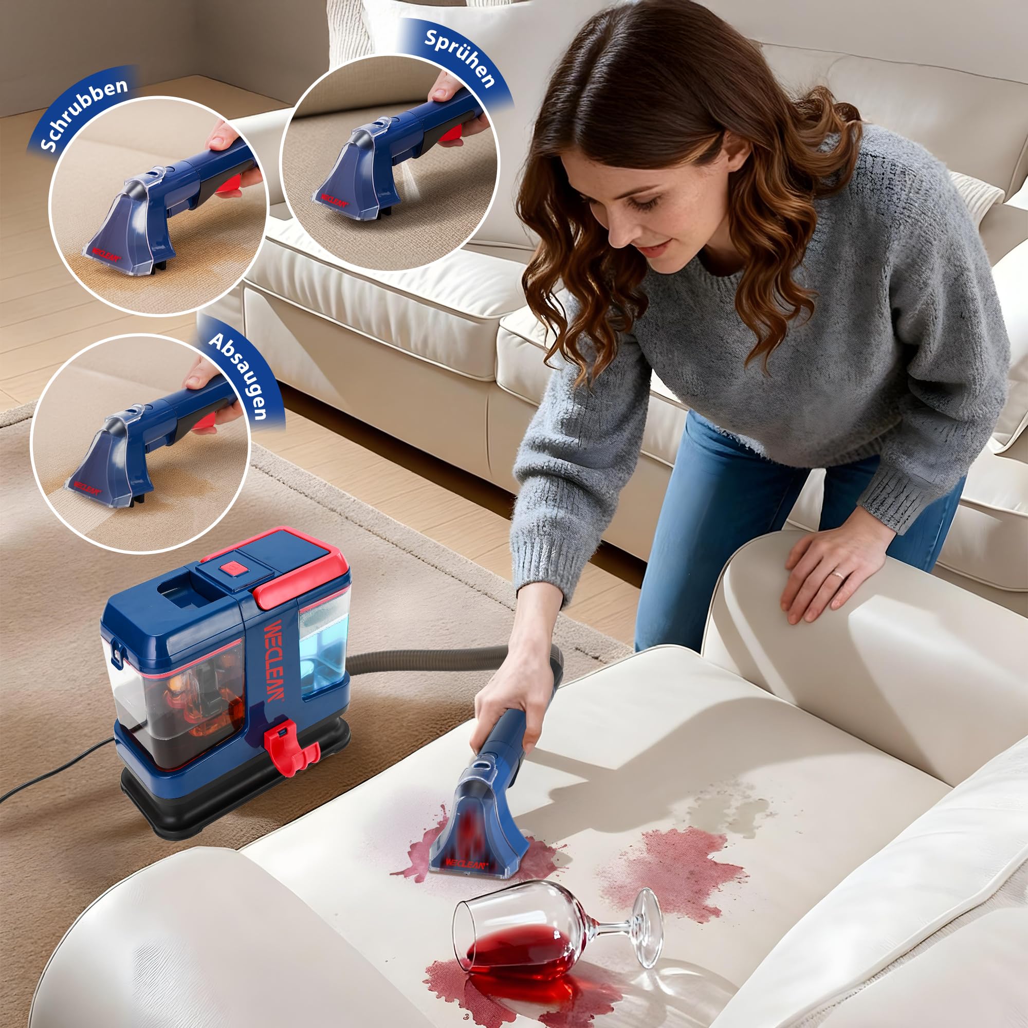 WECLEAN C5 Waschsauger für Teppich und Polster, 350W Polsterreiniger mit 2-Tank-System, tragbarer Fleckenreiniger für Sofa, Auto und Teppich, Nasssauger zur Tiefenreinigung von Polstermöbeln