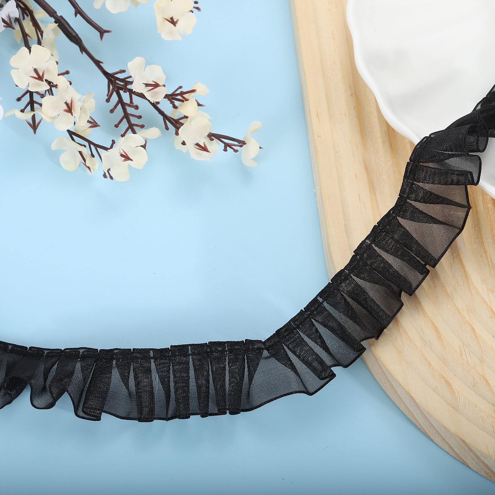 Sourcing Map 11 Yards Ruffle Lace Trim Ribbon, 2.5cm/1" Pleated Organza Lace Edge Trim, Black, Polyester, Formal Occasion
