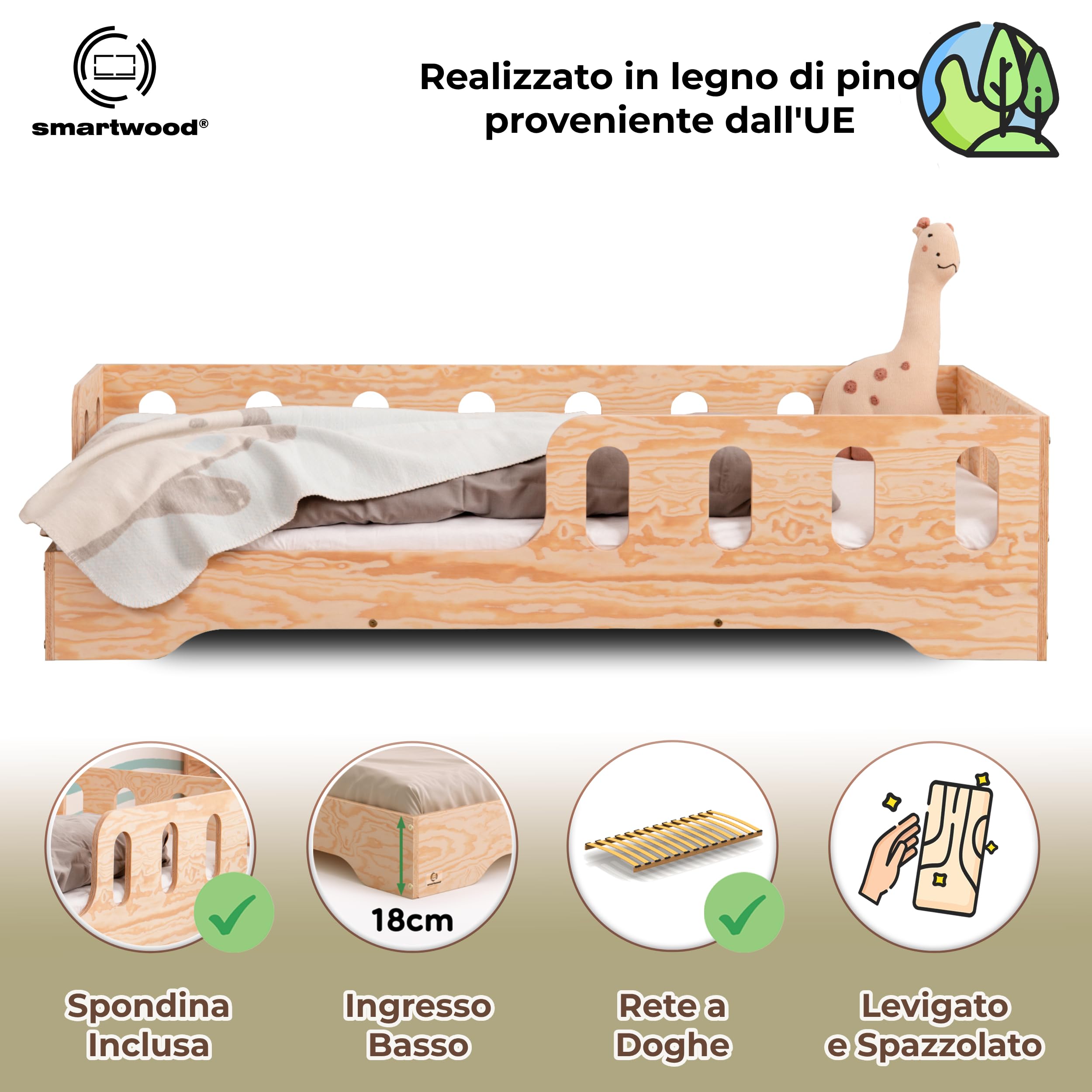 smartwood Letto Montessori Bambini 90x190 cm - Letto Bambini con Sponda e Rete a Doghe - Compensato di Pino Certificato FSC - Per Bambini e Bambine - Montaggio Facile - TILA 1L