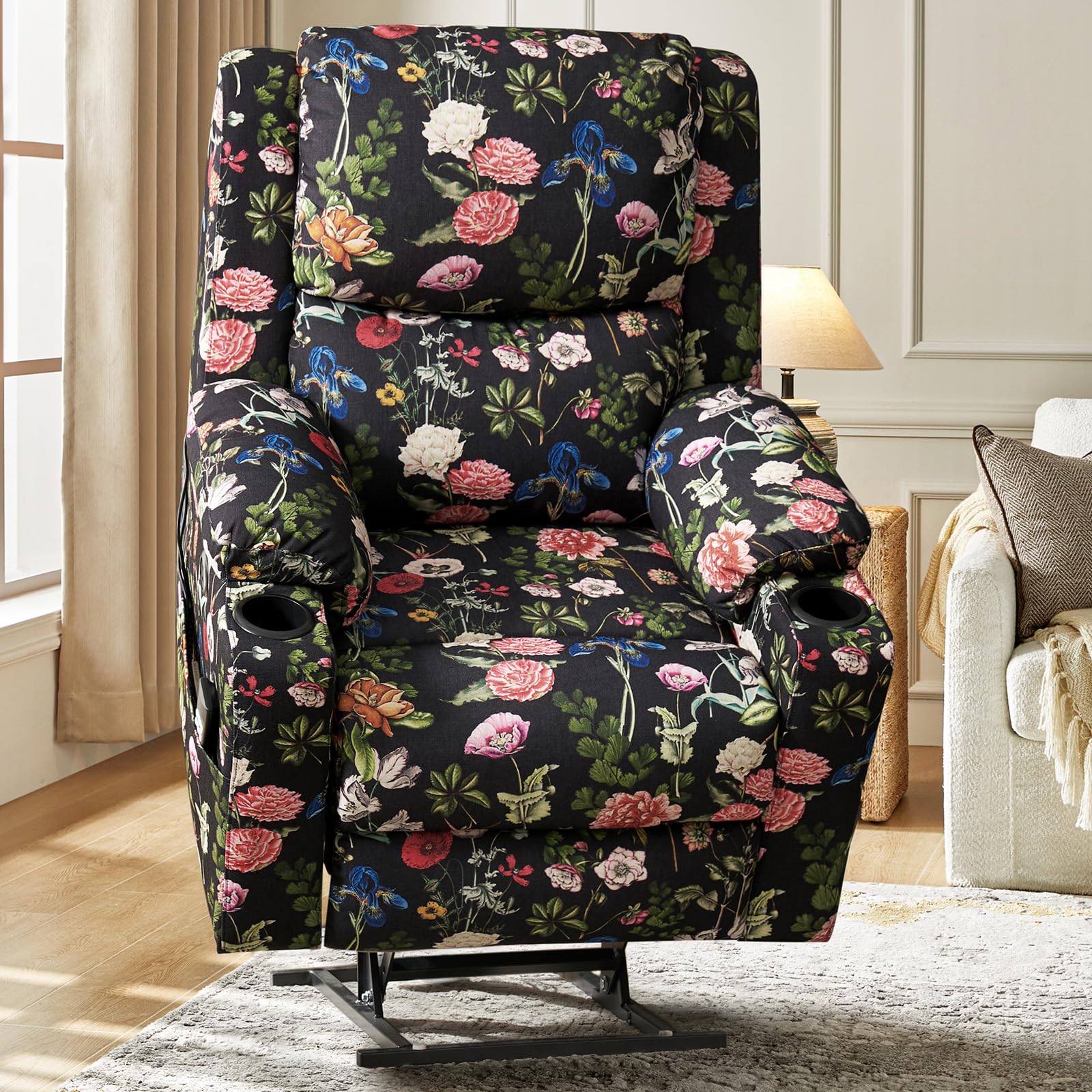 Lay Flat Dual Motor Power Lift Recliner Chair with Massage and Heat for Elderly, Floral Pattern Lift Chair with USB Ports, Cup Holders, Side Pockets, Black