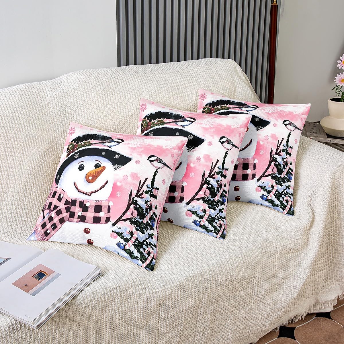 Homemissing Juego de 4 fundas de cojín para sofá, cama, silla, coche, diseño de muñeco de nieve navideño, color rosa, 50 x 50 cm