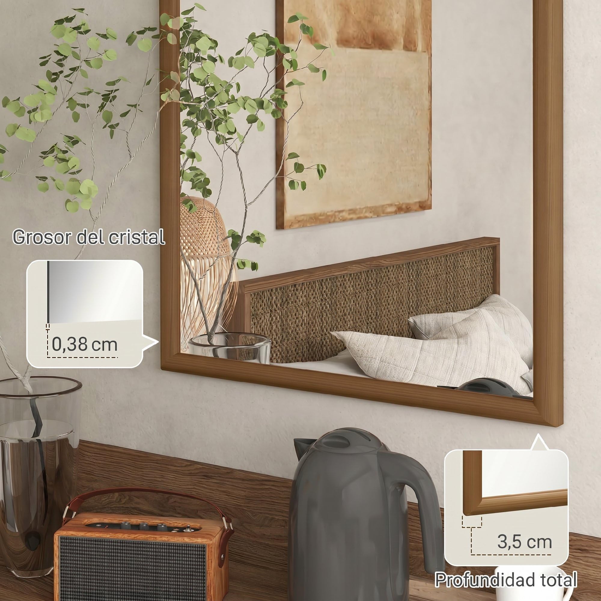 HOMCOM Espejo de Pared 65x110 cm Espejo de Recibidor Marrón Oscuro | con Marco de Madera en Forma de Ventana, Decoración para Salón Dormitorio Entrada