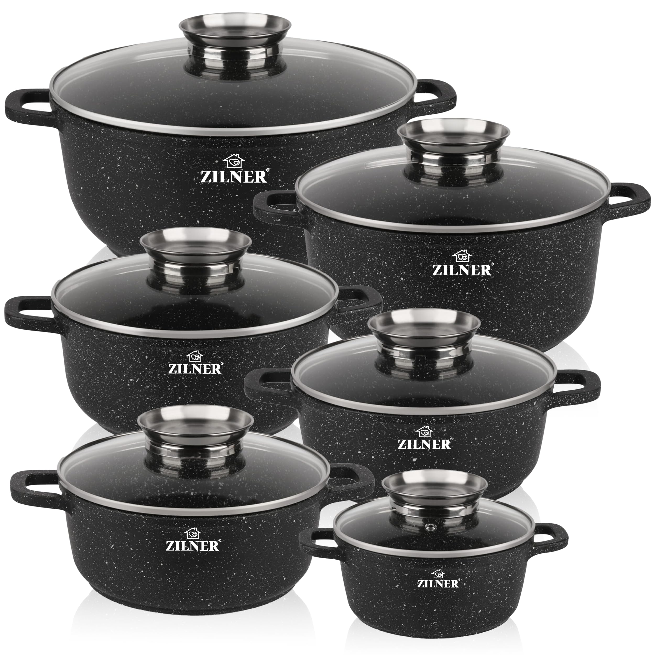 Zilner ZL-008526 ZL-008526 Black Pans with Marble Ceramic Coating, 12-Piece Induction | Induction Pan Set, Cookware, Suitable for Induction
