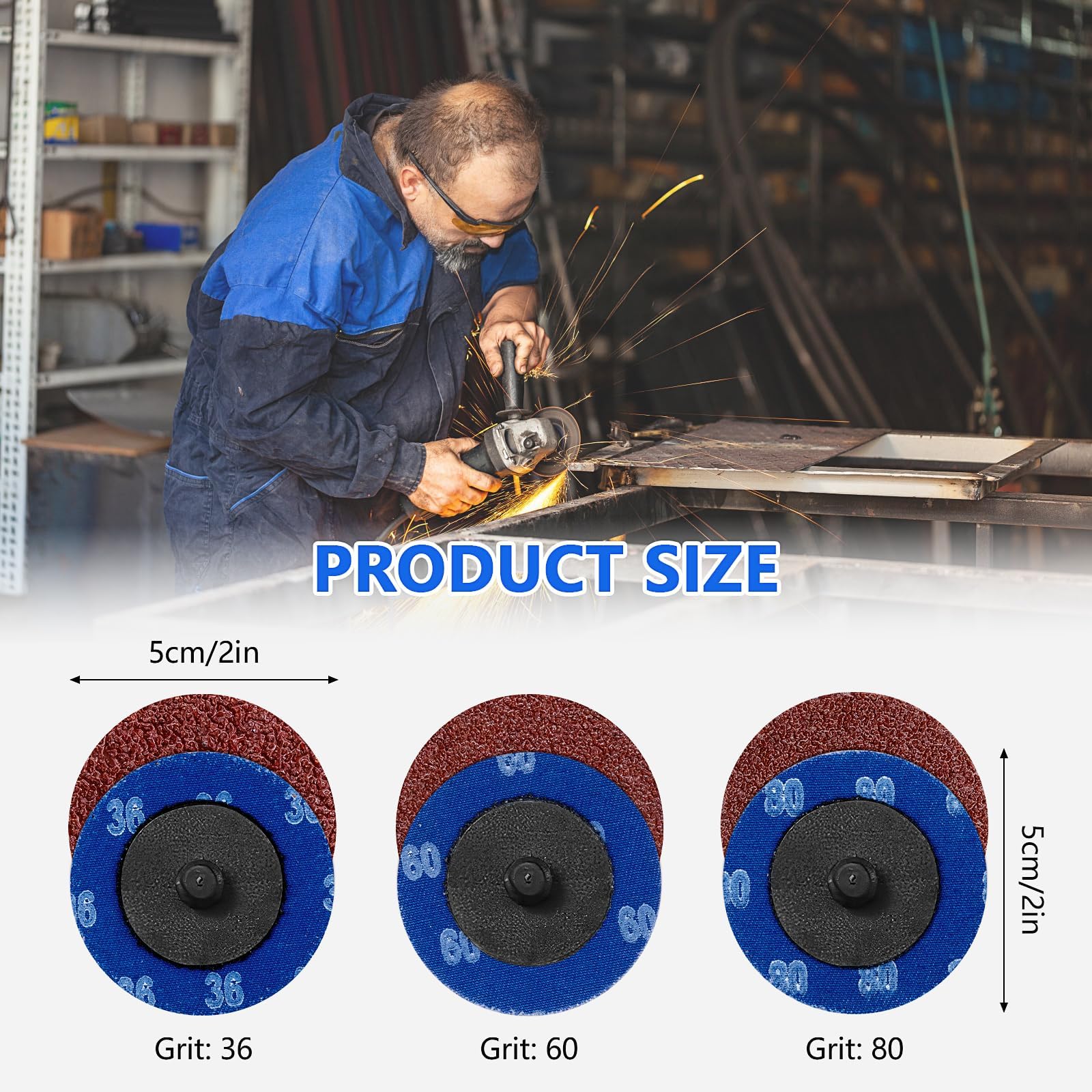 150 Stück 50mm Schleifscheiben Set, Roloc Schnellwechsel in Körnung 36/60/80 Quick Change Schleifpads für Stabschleifer, Entrosten, Schleifen, Polieren von Metall und Holz