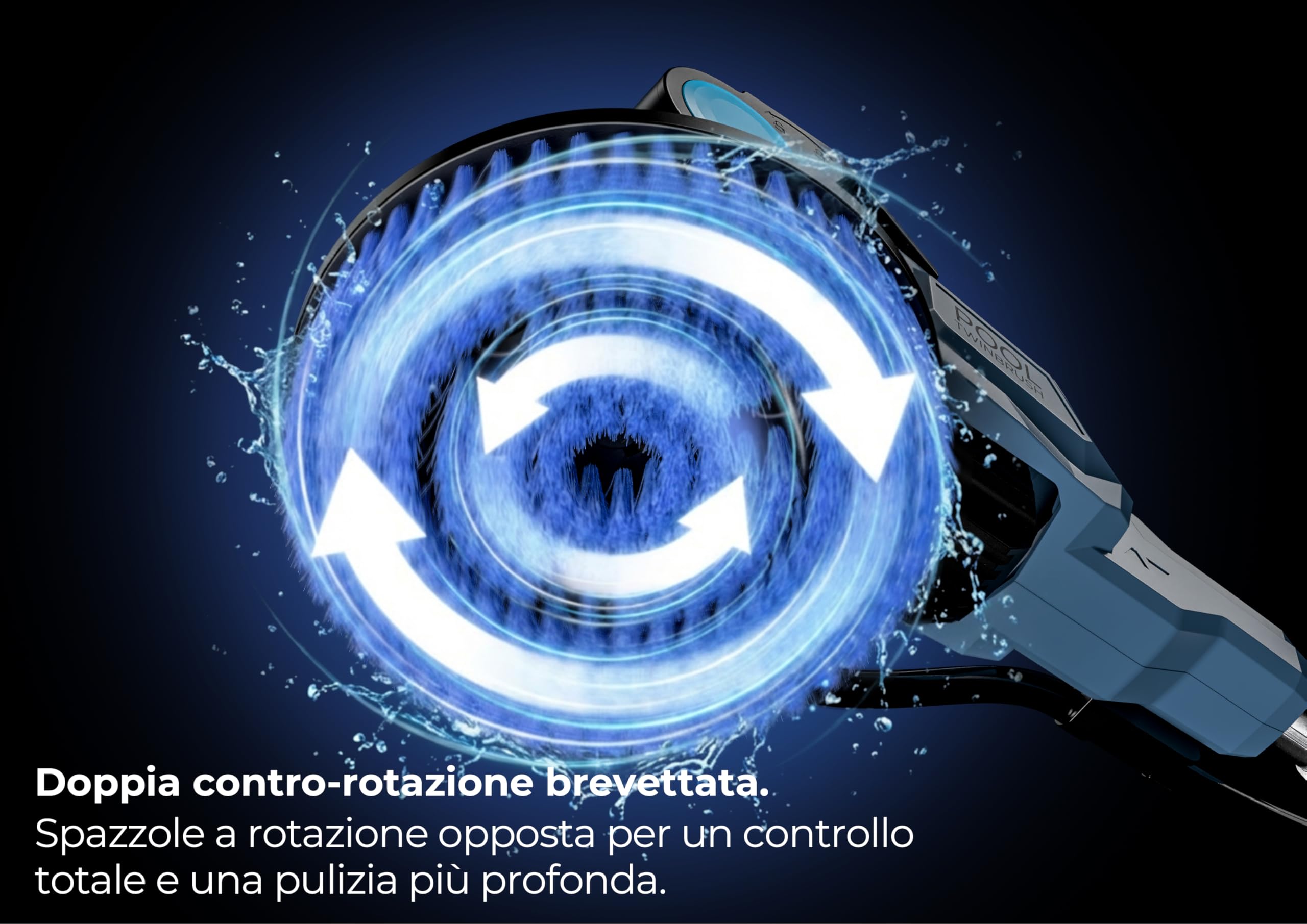 Gre Twin Brush Pulitore a Batteria, 2 Spazzole per Fondo e Terrazza | Pulizia Piscine, Terrazze e Pavimenti Esterni, Impermeabile IPX7, Manico Telescopico, Include Batteria e Caricatore