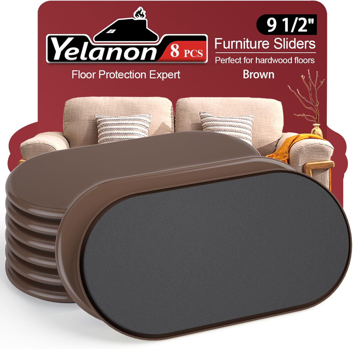 Yelanon Furniture Sliders - 8 pcs-9 1/2” Brown Furniture Sliders for Carpet, Furniture Pads Hardwoods Floors, Heavy Duty Movers Sliders, Reusable Furniture Moving Pads, Floor Protectors for Carpet