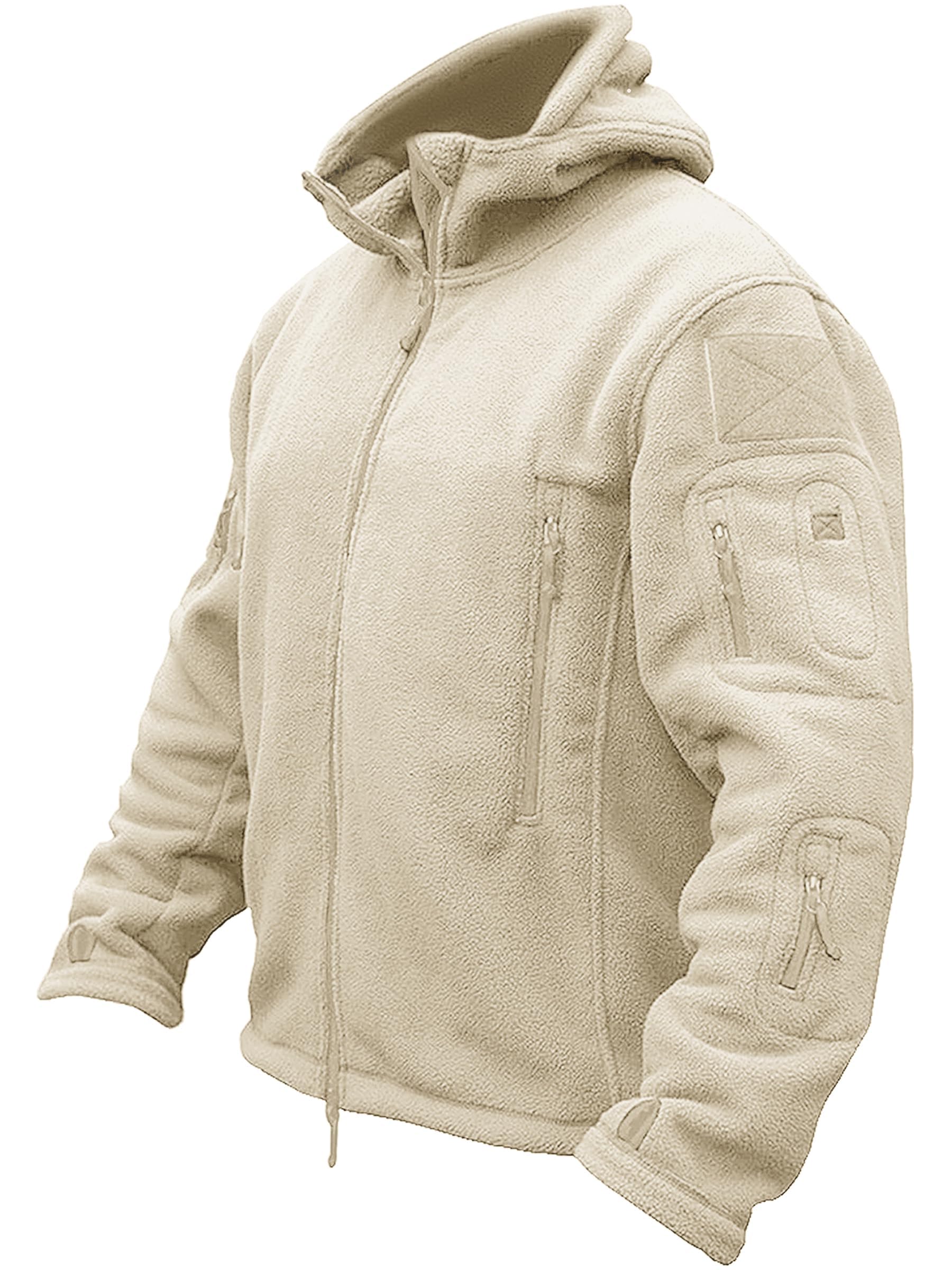 TACVASEN Herren Fleecejacke Military Outdoor Winddichte Jacke mit Kapuze, Gr. L, Beige