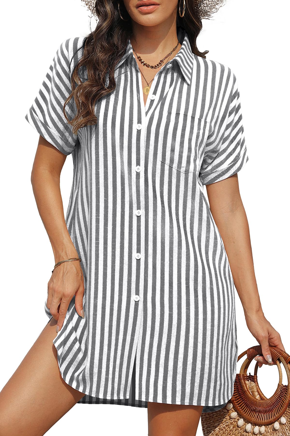 Yonique Women Swimsuit Coverup Shirt - Button Down Bathing Suit Cover Ups Striped Beach Dress 2026