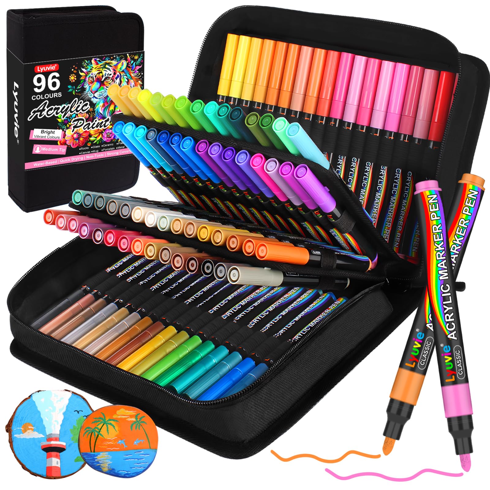 Lyuvie 96 Colores Rotuladores Acrilicos,3mm Punta Media Marcadores Rotuladores Acrílicos Permanentes para Pintar Rocas Tela Plástico Vidrio Guijarros Piedra Metal Madera Cerámica