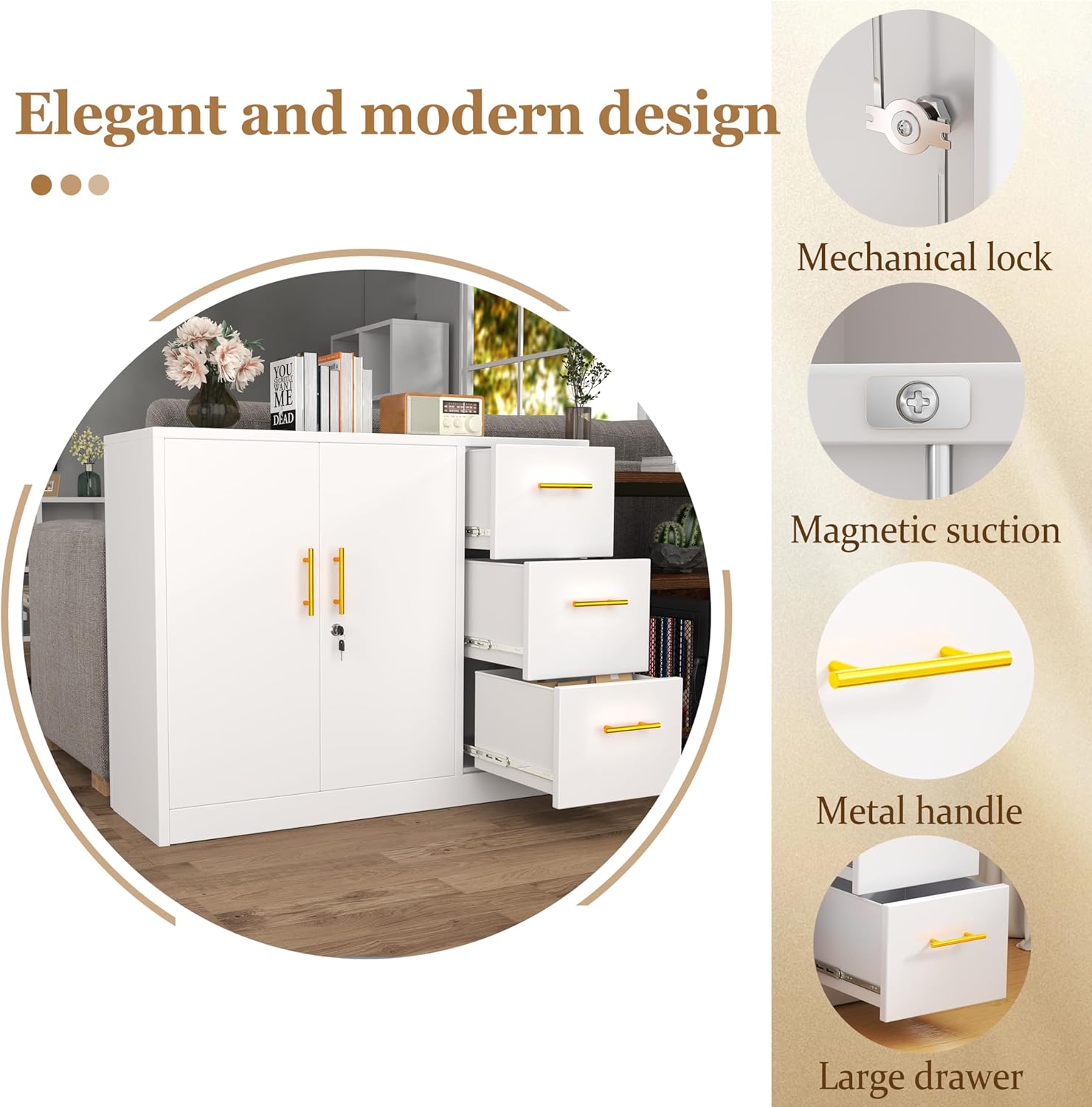 Metal Sideboard Buffet Cabinet, Storage Cabinets with 3 Drawers and Shelf, White Locking Steel File Storage Cabinet, Kitchen Cabinet Cupboard Pantry for Office Dining Living Room Kitchen Garage