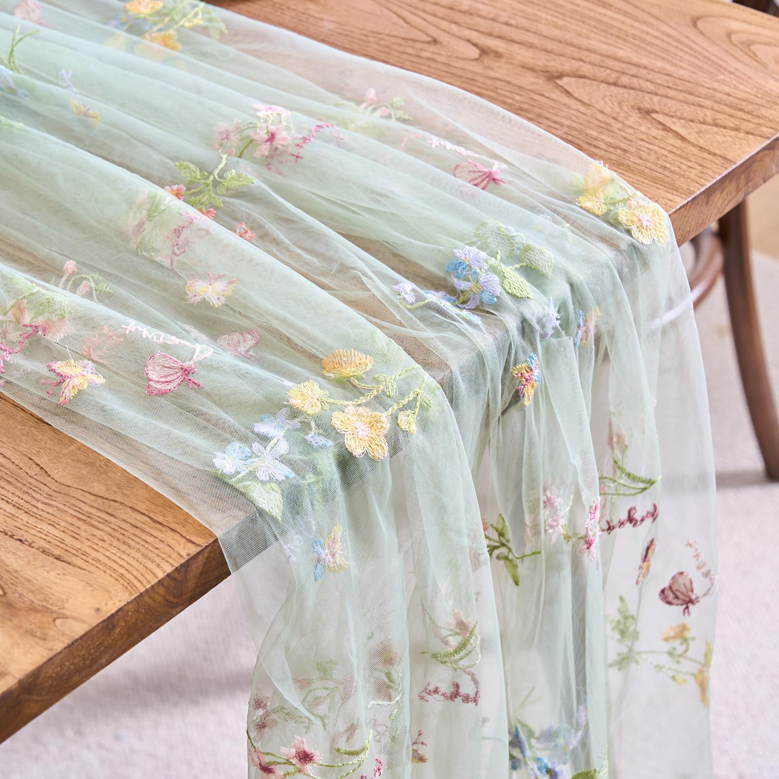 Photo 1 of vctops 2 Packs Embroidery Lace Fall Table Runner 10ft Floral Garden Seasonal Tulle Table Runner Holiday Kitchen Dining Table Decoration for Wedding Party Baby Shower Birthday (Sage Green,30"x120")