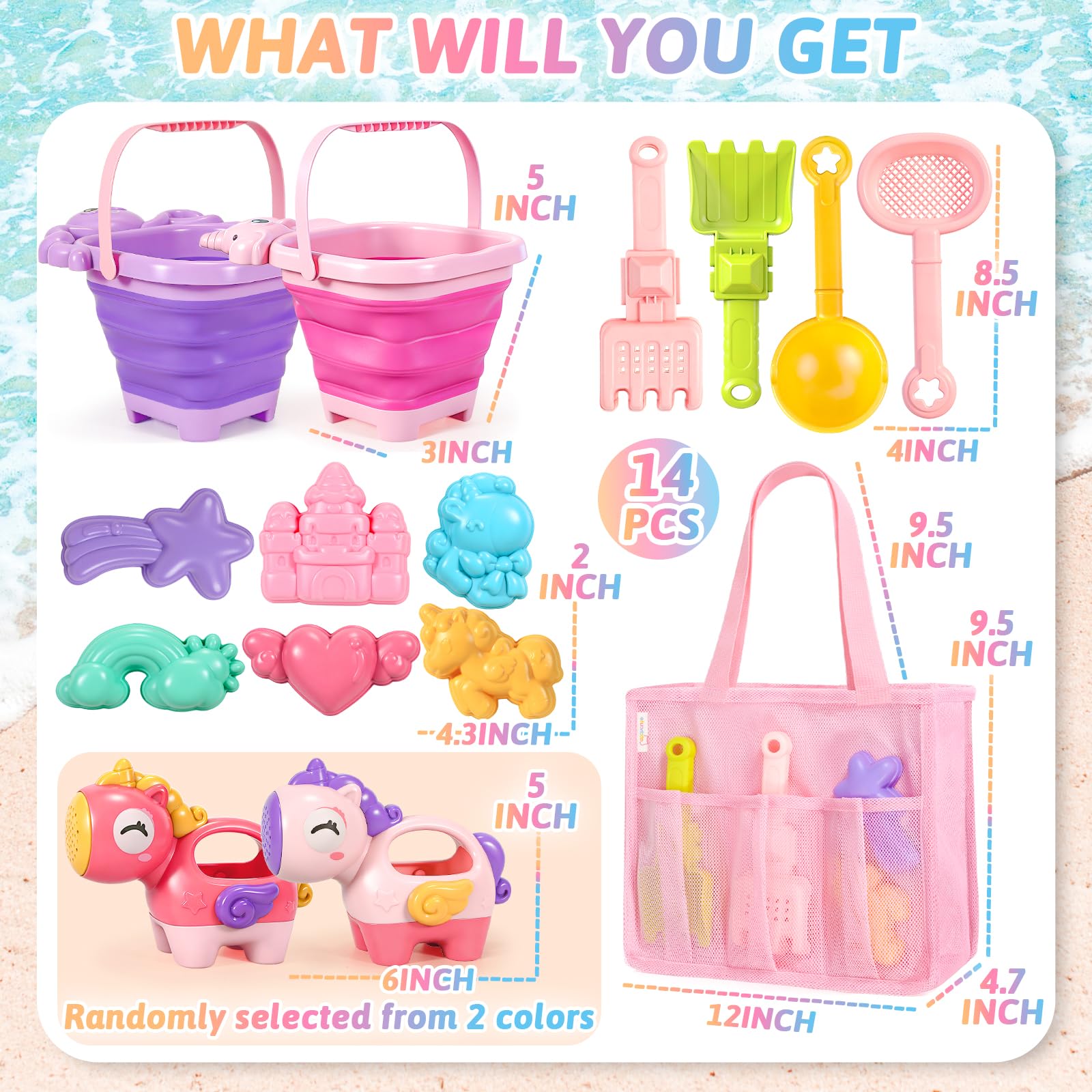 CatchCute Unicorn Collapsible Beach Toys,Sand Toys Set with Animal Foldable Buckets,Shovels,Sifter,Sand Molds,Castle Building Kit & Mesh Storage Bag,Beach Travel Essentials for Kids Toddlers - 3
