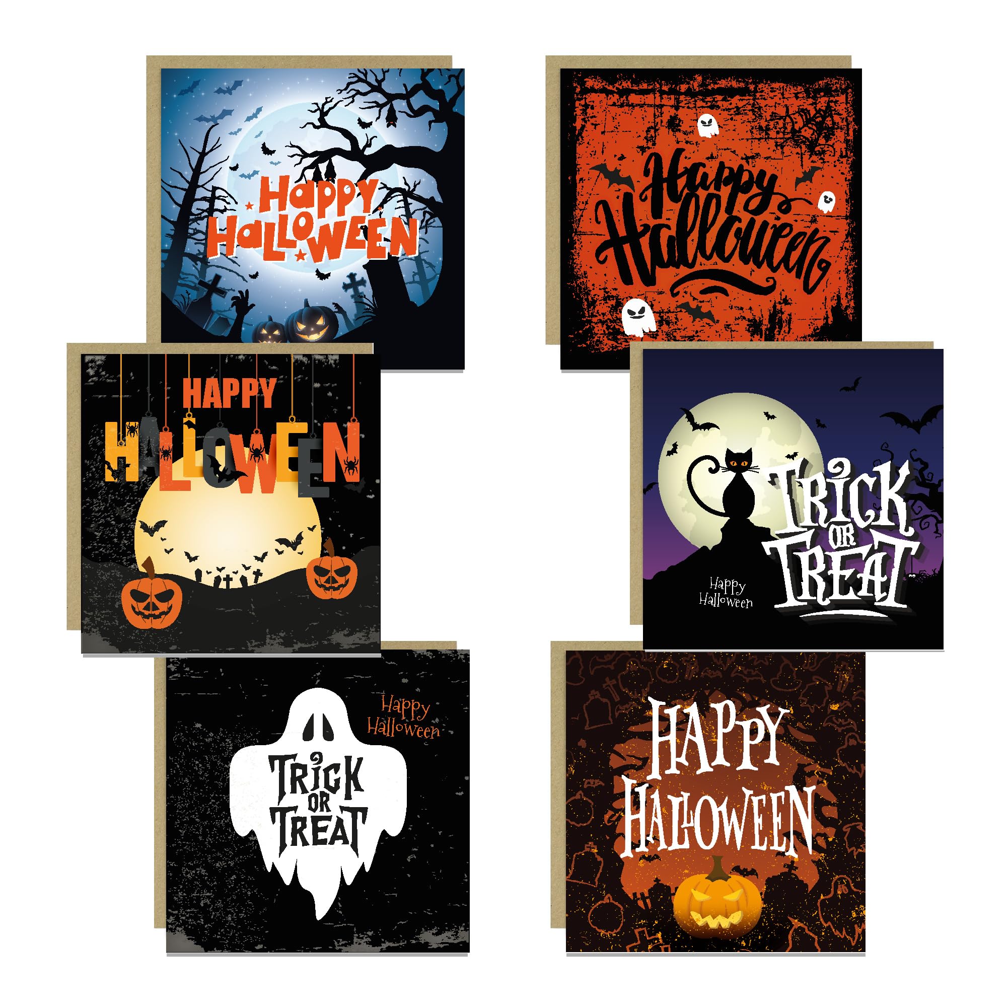 RED OCEAN Halloween Cards Multipack of 6 Greetings Cards With Kraft Envelopes 145x145mm Pack of 6 Spooky Designs For Kids Children Friends Family