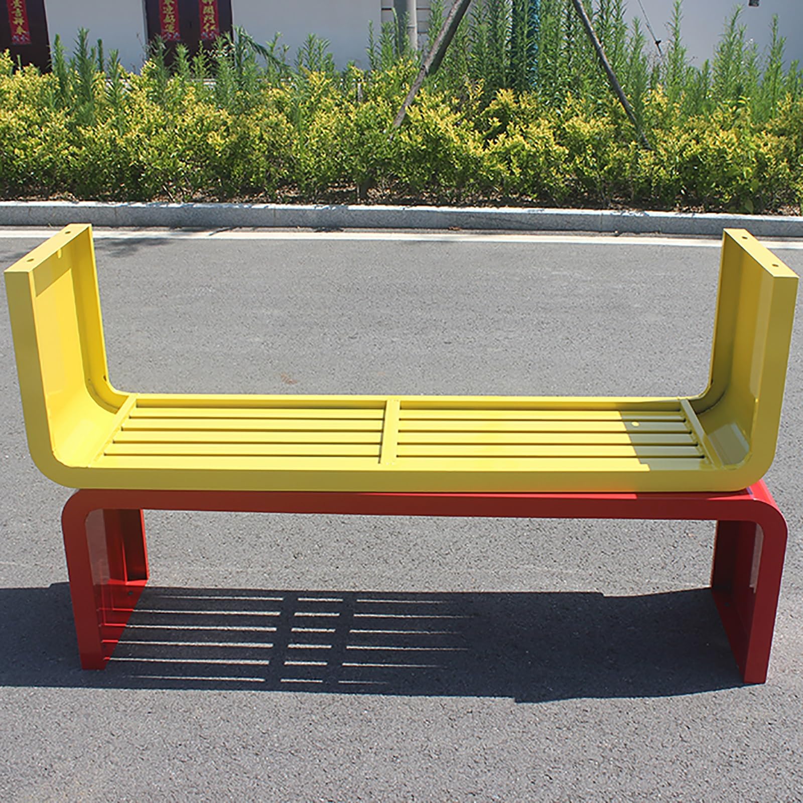 Bancos de metal para exteriores, resistentes a la intemperie, sin respaldo, diseño de listones para patios, jardines y piscinas, asientos para exteriores, elegantes y funcionales