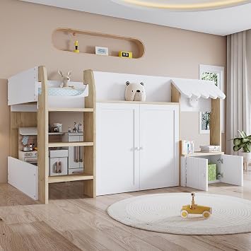 ModernLuxe Wooden Bunk Beds for Kids, 3FT Single Bed Frame with Freely Customizable Under-Bed Play or Study Area, 3-Step Ladder and Built-in Storage Cabinets, Pine + MDF + Plywood, White, 90x190cm