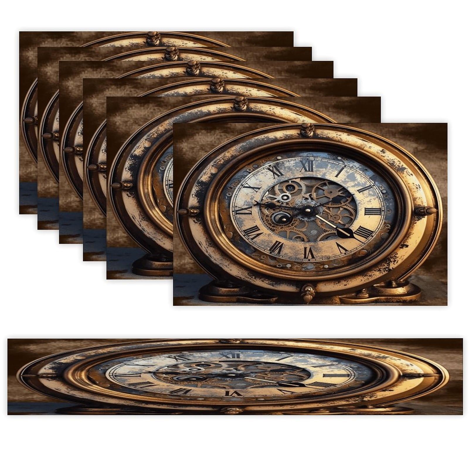 Steampunk Clock Placemats Set of 7 Exquisite Linen Table Mat Seven Piece Set Includes 13"x71" Fashion Table Runner and 12"x18" Place Mat Decor for Kitchen Dining Room