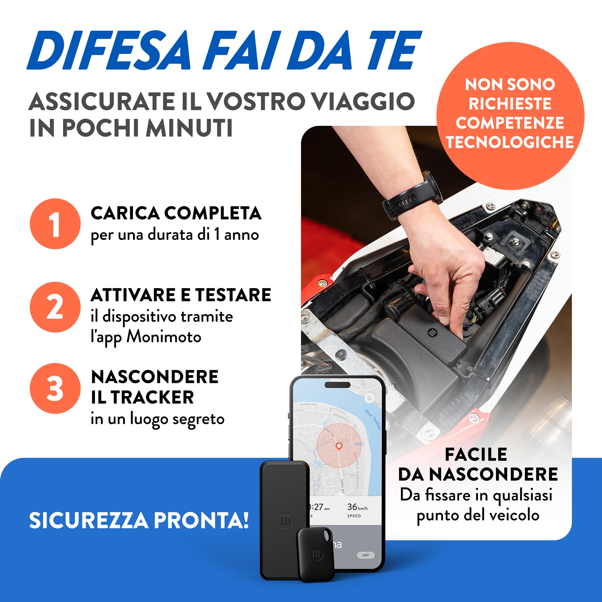 Monimoto 9 Tracker GPS e allarme antifurto - Installazione fai da te, nessun cablaggio, impermeabile, copertura globale - per veicoli, moto, auto, biciclette, ATV, motori di barche, caravan