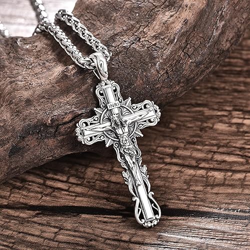 Miniatura 2 de Collar con colgante de cruz de plata de ley 925 con Crucifijo de Jesucristo INRI para hombres y mujeres, medalla religiosa cristiana para hombre