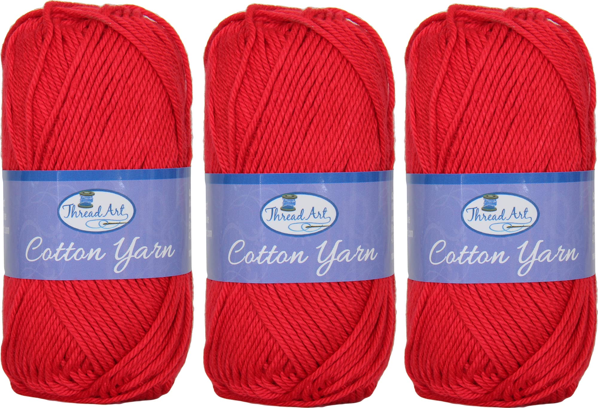 3 Pack Threadart 100% Pure Cotton Crochet Yarn | Red | 50 Gram Skeins | Worsted Medium #4 Yarn | 85 yds per Skein - 30 Colors Available