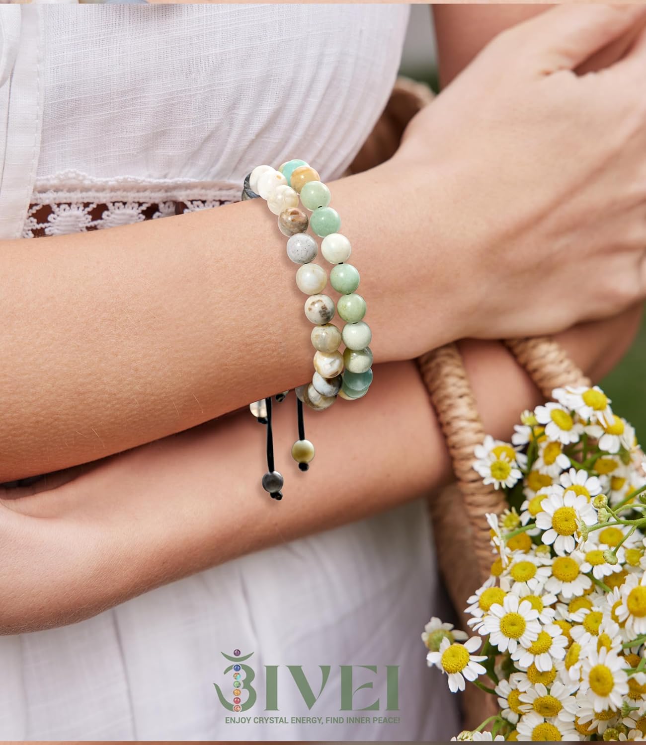 Bivei Natural Gemstone Semi Precious Crystals Handmade Stretchy Round Beads Bracelet, Enhance Positive Energy(Adjustable Bamboo Leaf Agate & Amazonite(Good Luck) Adjustable(6.9-8.5')) - Image 2