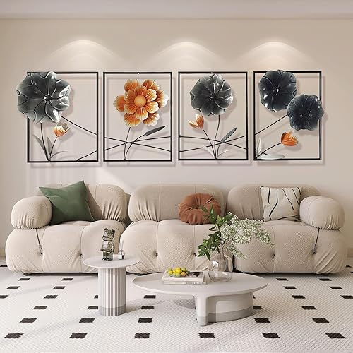 Decoración de pared de loto de metal, 4 piezas, escultura de pared de hierro forjado de hoja de loto hecha a mano, decoración de arte natural para