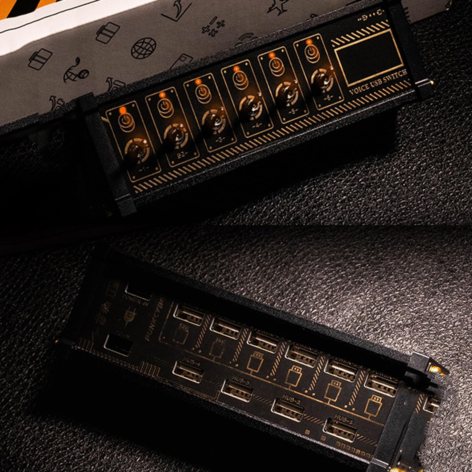 6-portowy przełącznik USB, stacja dokująca USB, 6-portowa stacja dokująca U6 USB ze wskaźnikiem stanu LED, 4 porty danych, metalowy przełącznik, 9 wyjść USB, pozłacanie retro, config