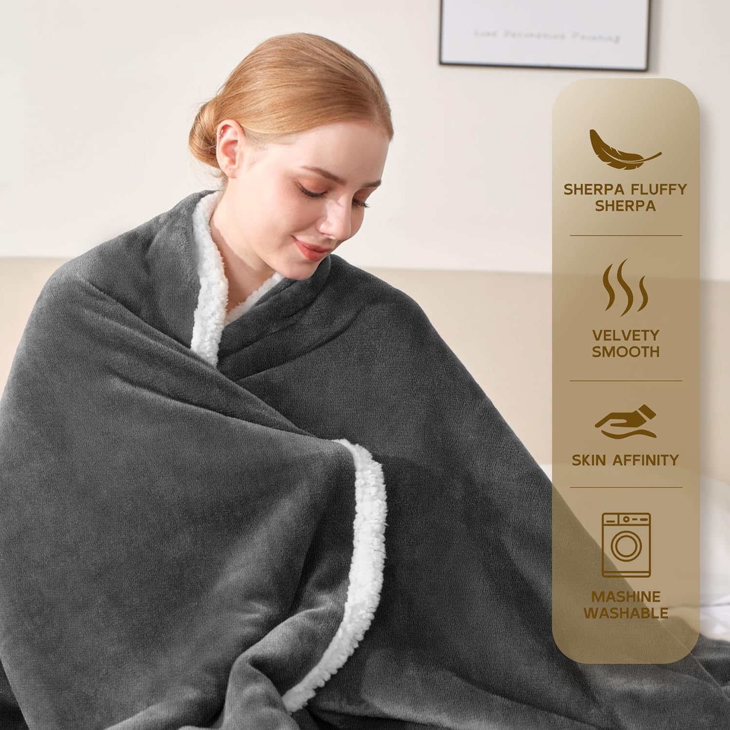 BEAUTEX Sherpa Fleece Throw Blanket Queen Size for Bed - Thick and Warm Blanket for Winter, Fluffy Flannel Plush Queen Blanket, Fuzzy Grey Cuddle Blankets for Bed (90" x 90", Grey) - Image 4