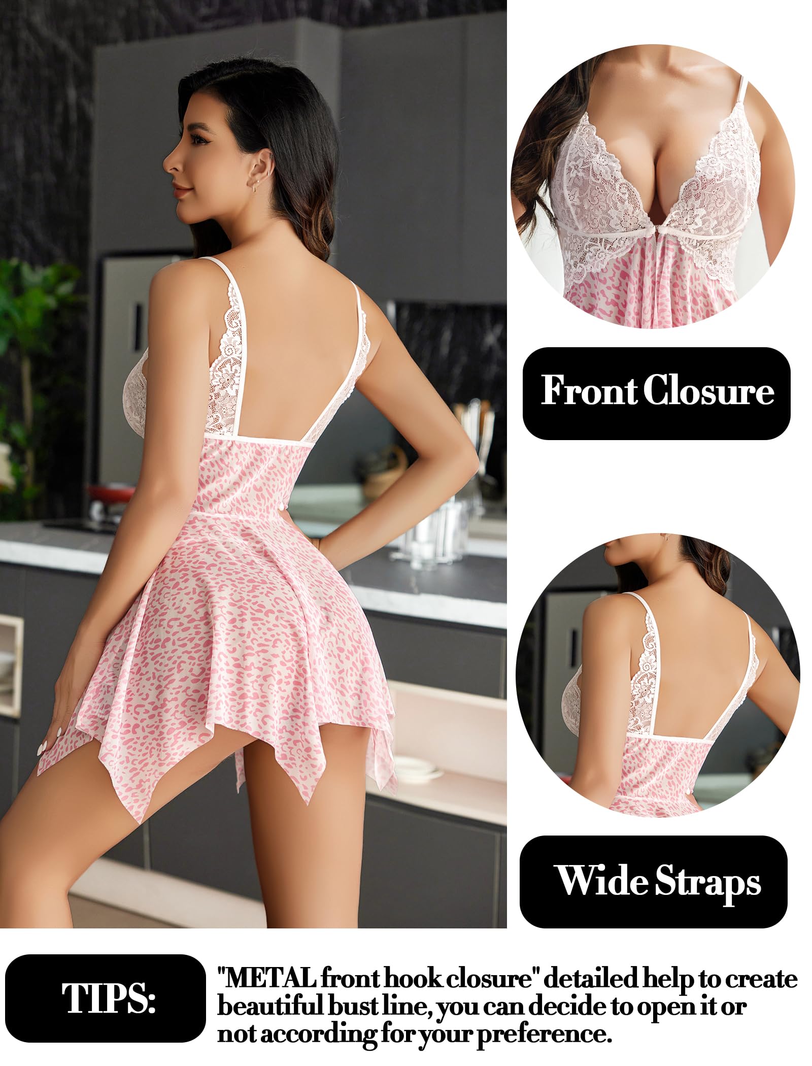 Avidlove Women Lace Lingerie Front Closure Babydoll V Neck Nightwear Sexy Chemise Nightie: X-Small A White