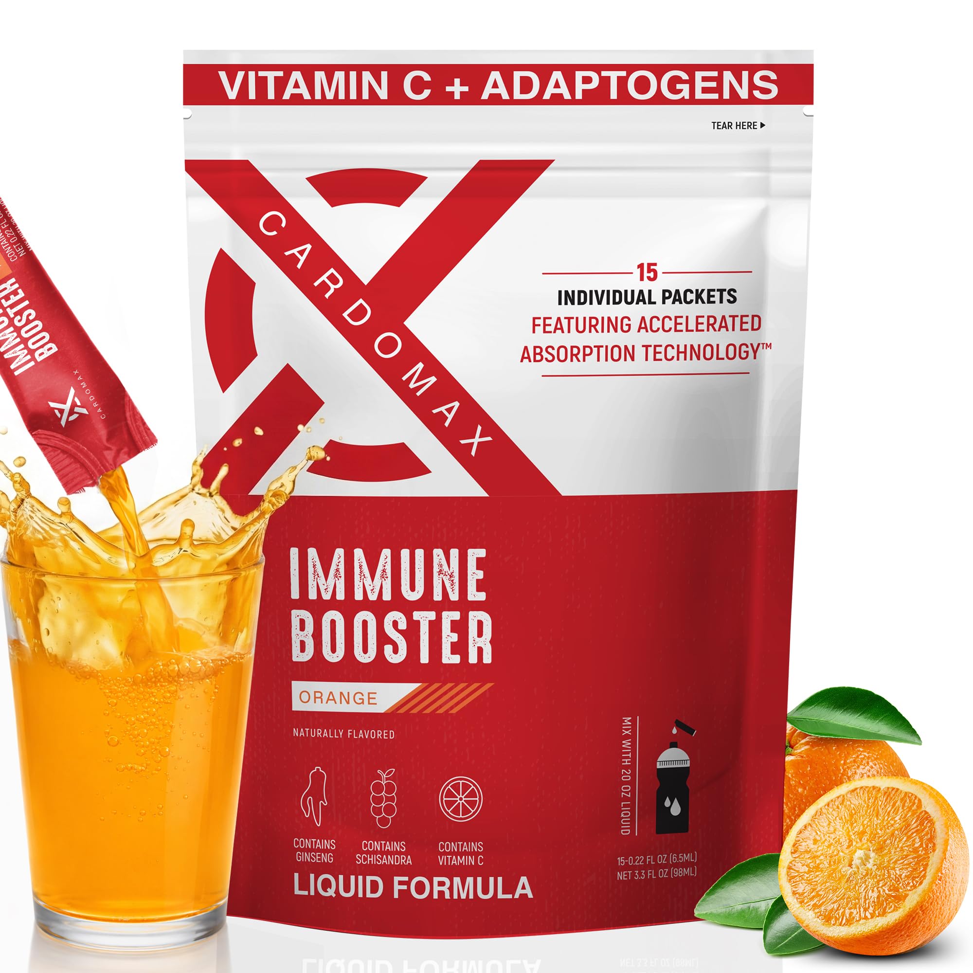 CardoMax Immunity Booster Liquid Drink Mix with Ginseng and Vitamin C for Kids and Adults, Immune Support Supplement for Energy and Wellness, Orange Flavor, 15 Single-Serve Liquid Stick Packs