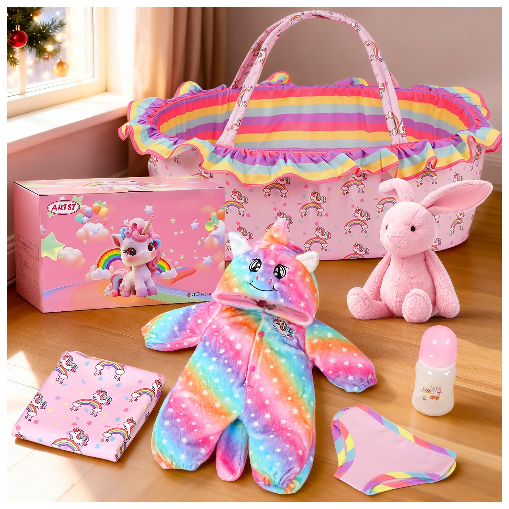 ARTST Reborn-Babypuppen-Kleidung mit Stubenwagen, Regenbogen-Einhorn, Reborn-Babypuppen-Zubehör, Outfit-Set für 43,2–55,9 cm Neugeborene, realistisches Spielzeuggeschenk für Mädchen im Alter von 3–12