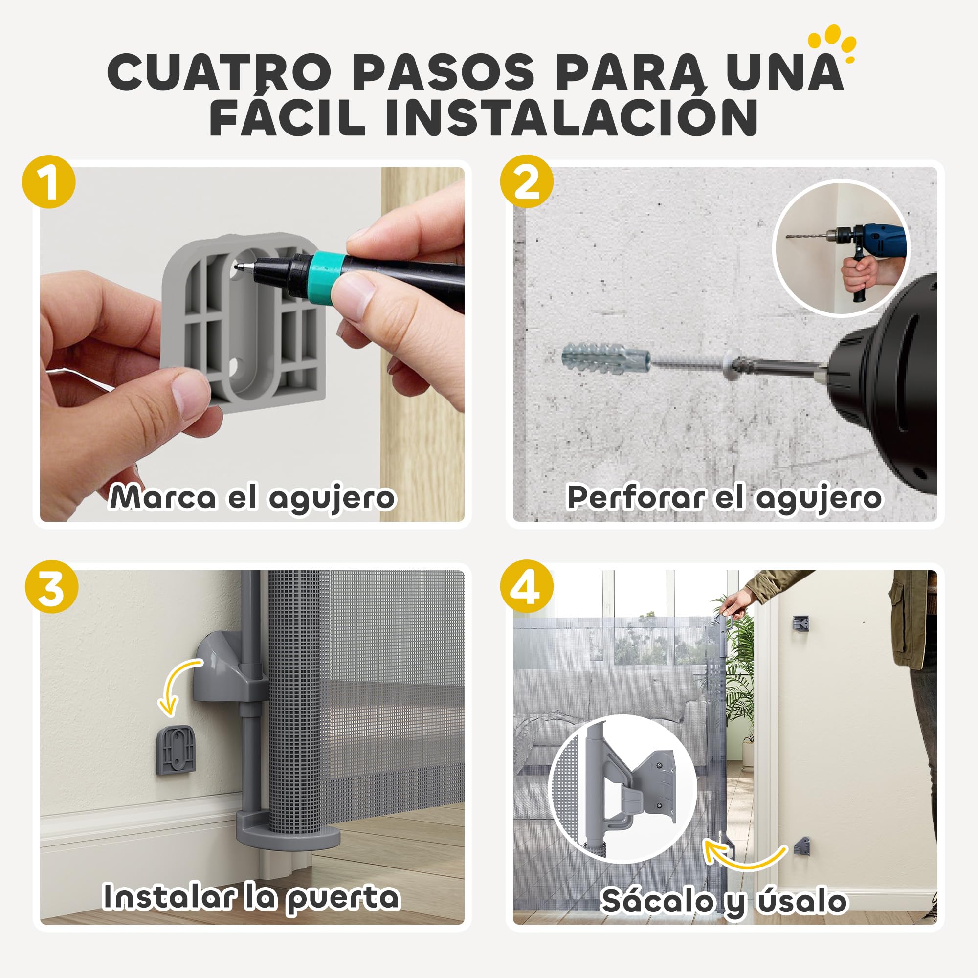 PawHut Barrera de Seguridad para Perros Retráctil, Extensible hasta 180 cm de Ancho y 93 cm de Alto, para Escaleras y Puertas, Valla para Perros Pequeños y Medianos, Uso con Una Sola Mano, Gris — view 7