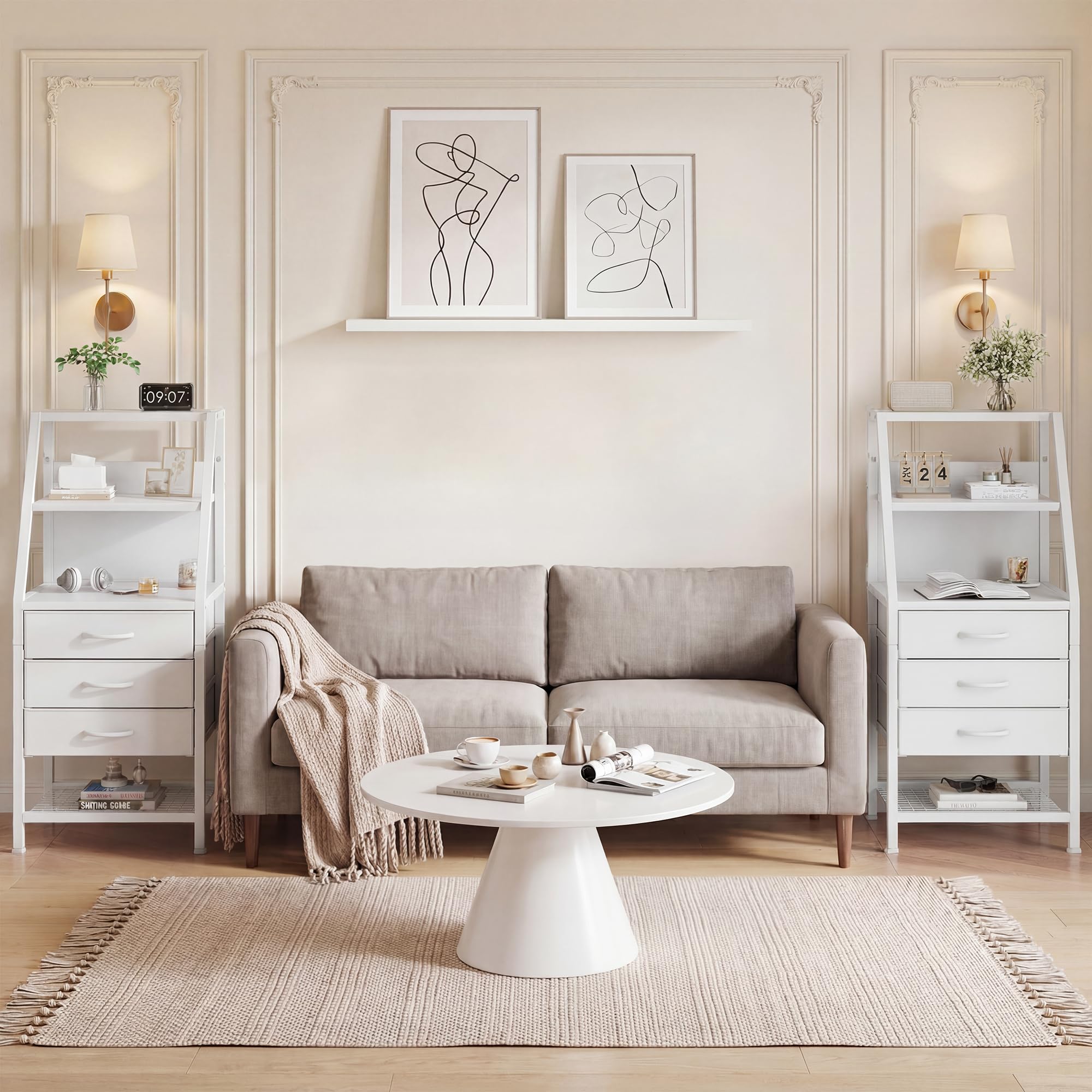 Feonase Mesita de noche ancha con 3 cajones de tela y compartimento abierto, adecuada para dormitorio, sofá y sala de estar pequeña, color blanco