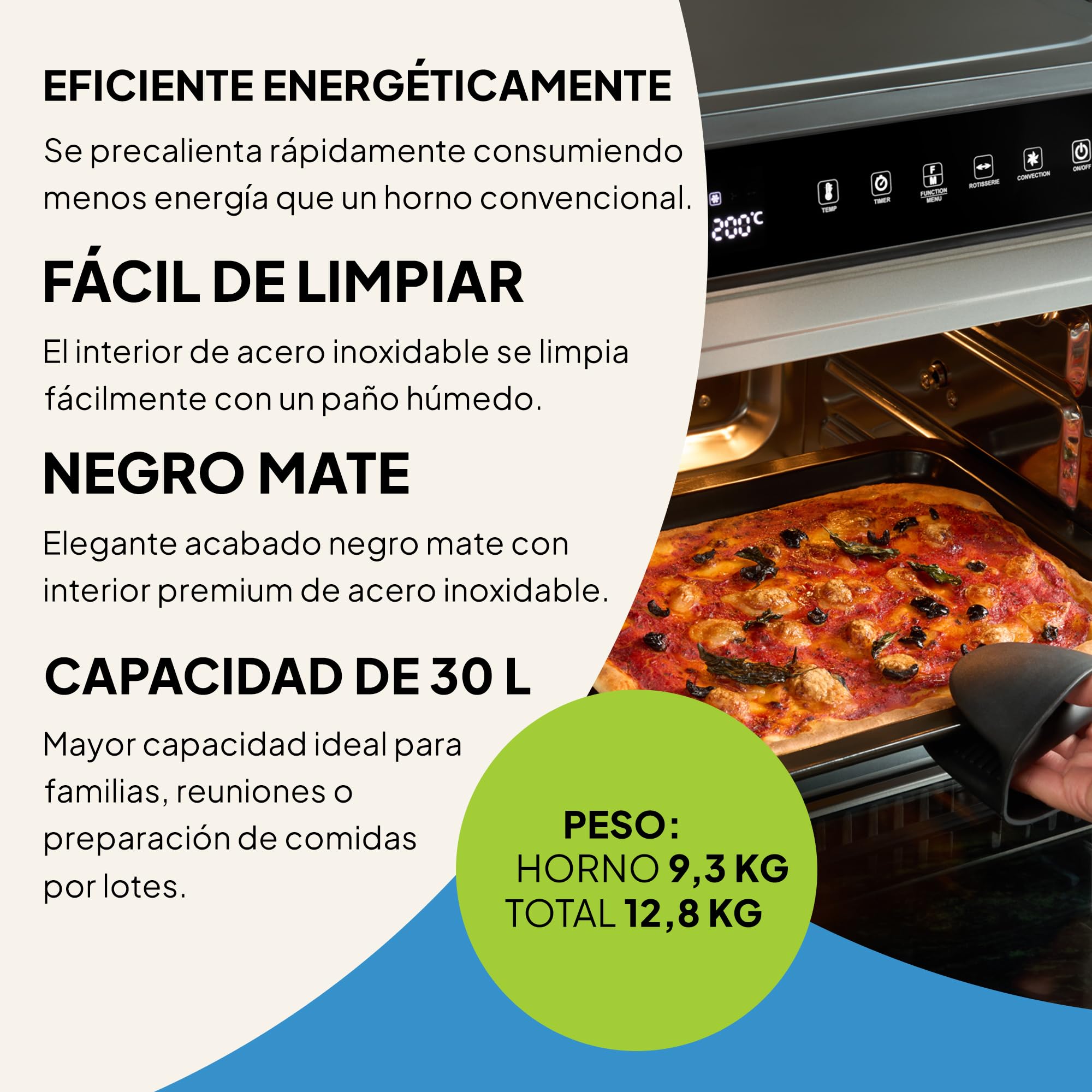 Fridja F77 Horno Súper Pro de 30L – Horno Freidora de Aire Digital LED Premium – 18 Programas Inteligentes, Función de Asador Giratorio (Rotisserie), Fácil de Limpiar, Rápido, Potente y Versátil, Inte
