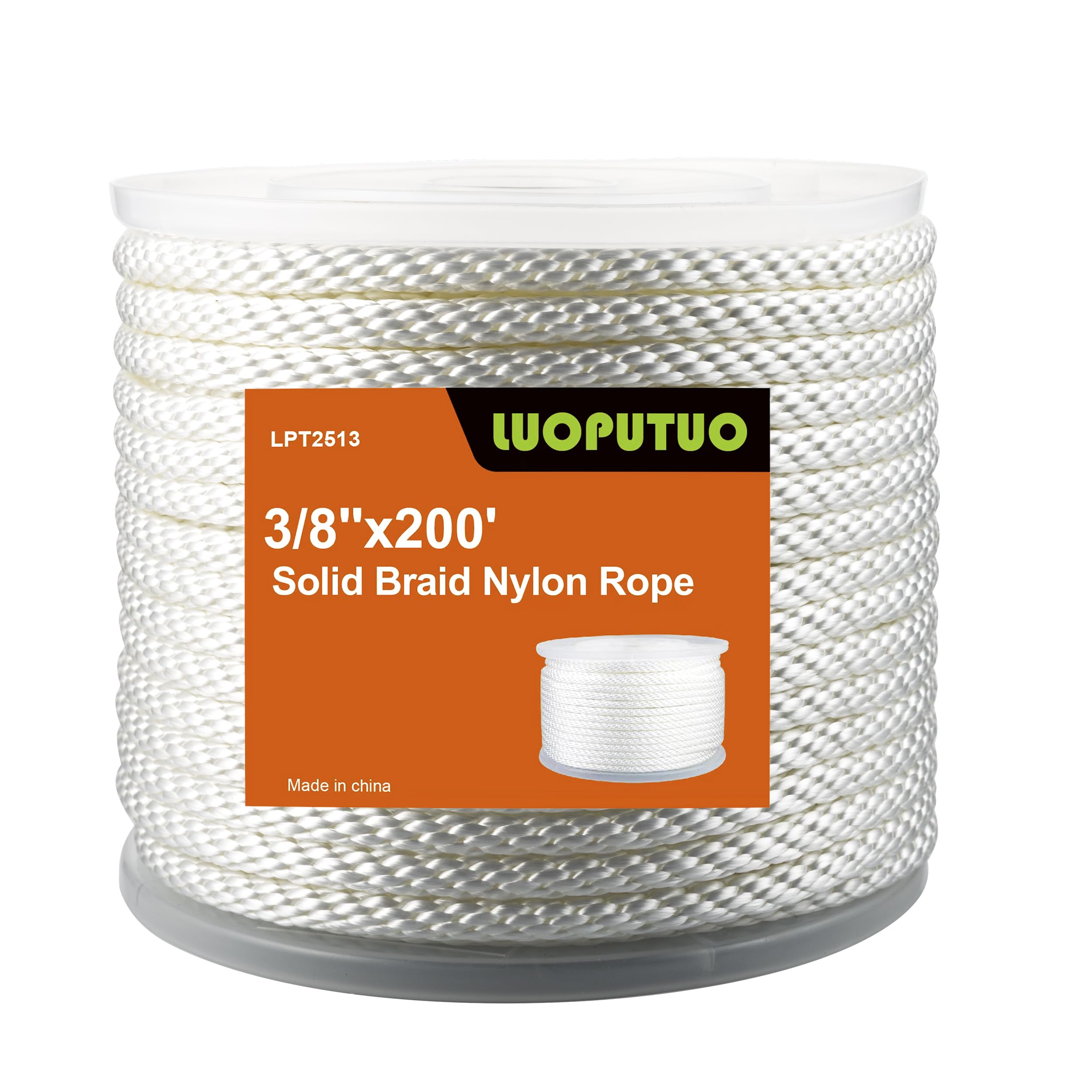Cuerda trenzada sólida de nailon blanco de 3/8 pulgadas, 200 pies, alta resistencia a los rayos UV y a la abrasión, grado industrial, baja elasticidad, multiusos para postes de bandera, tendederos