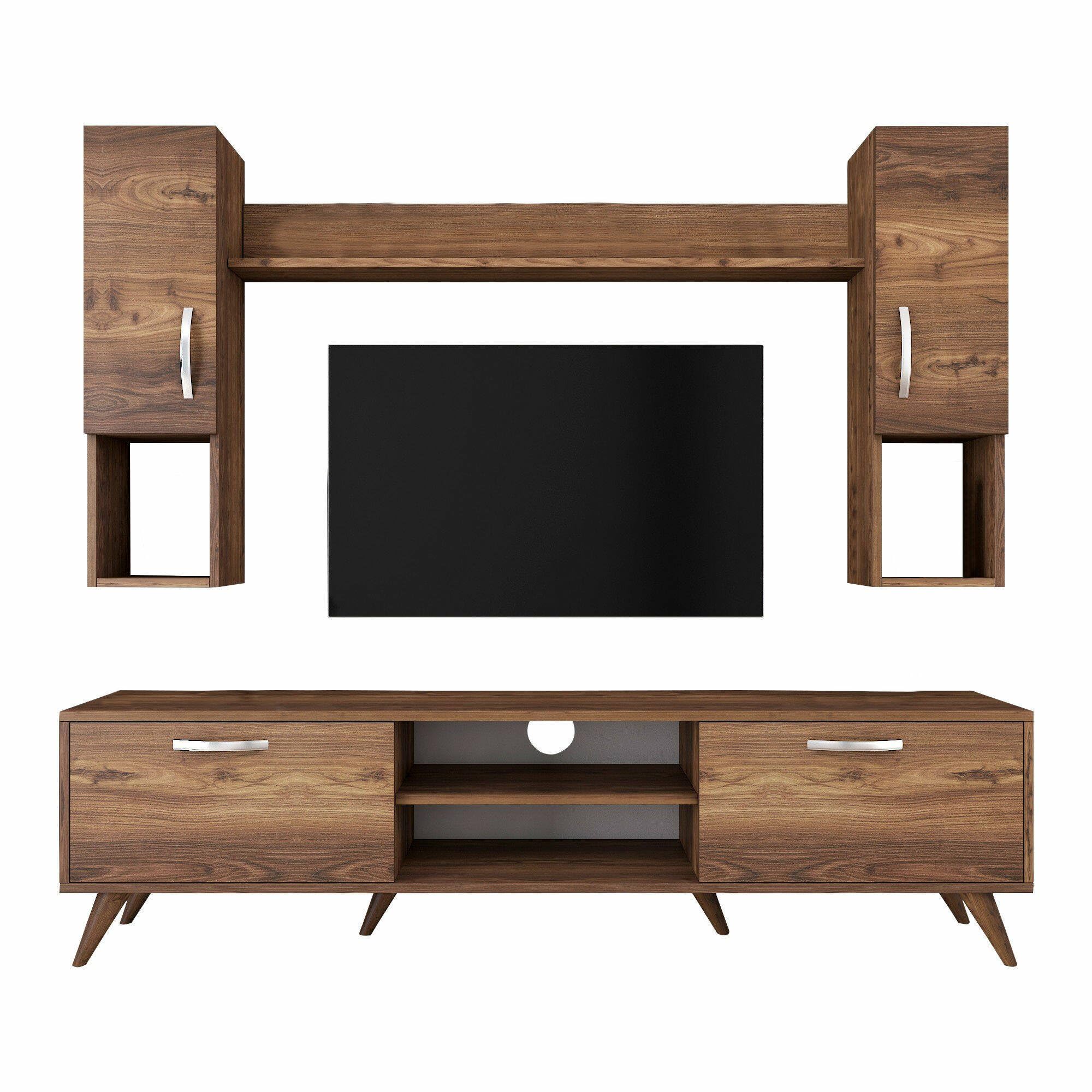 Dmora - Parete attrezzata Lucifer, Composizione soggiorno, Mobile salotto multiuso, Armadio porta TV, 180x35 h49 cm, Noce