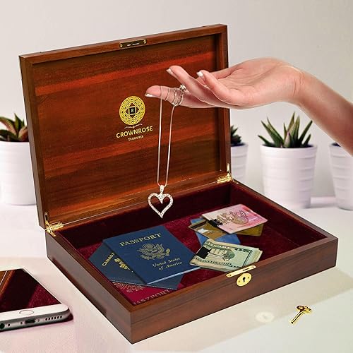 Miniatura 7 de Caja de almacenamiento de madera de acacia, hecha a mano con tapa con bisagras, cerradura de latón funcional, llave y esquinas, caja de madera