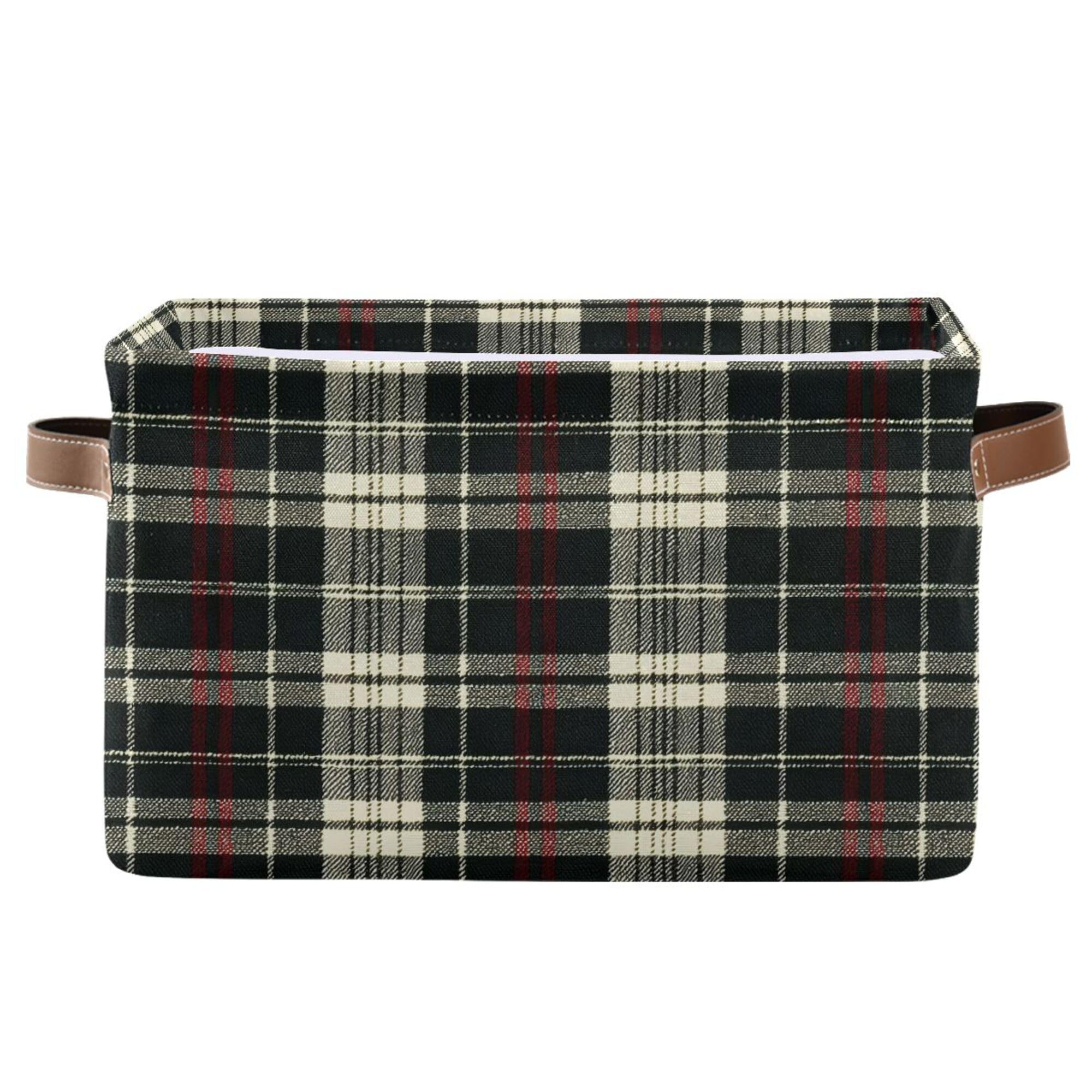 MNSRUU Storage Basket Black Red White Plaid Collapsible Organizer Basket for Shelves with PU Handles, Decorative Waterproof Nursery Laundry Storage Cubes Bins, 1 Pack