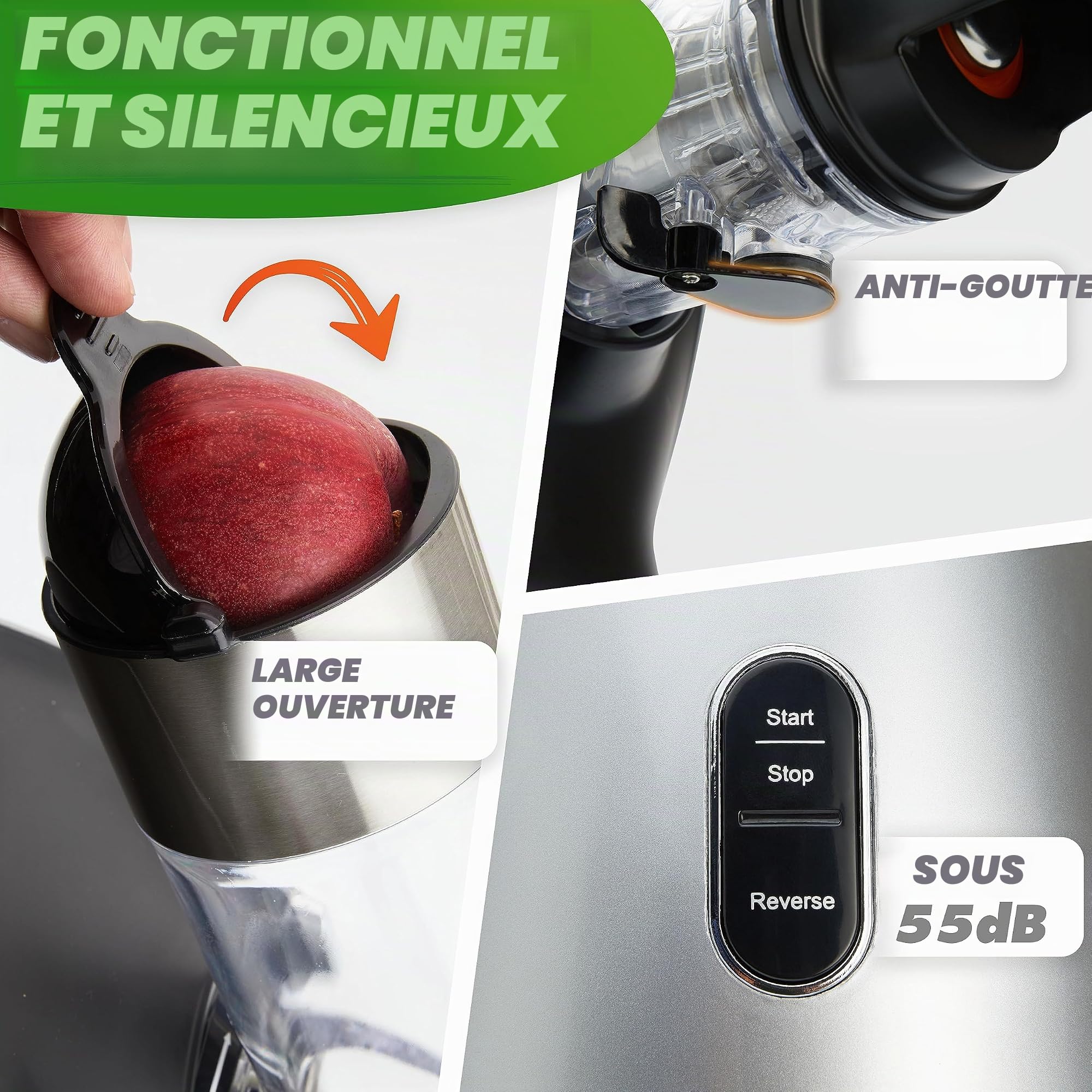 GREEN-PRESS EDELSTAHL Extracteur de jus à vis en acier inoxydable sans BPA pour fruits entiers céleri légumes et fruits test gagnant presse à jus électrique marque allemande Classe énergétique A+++
