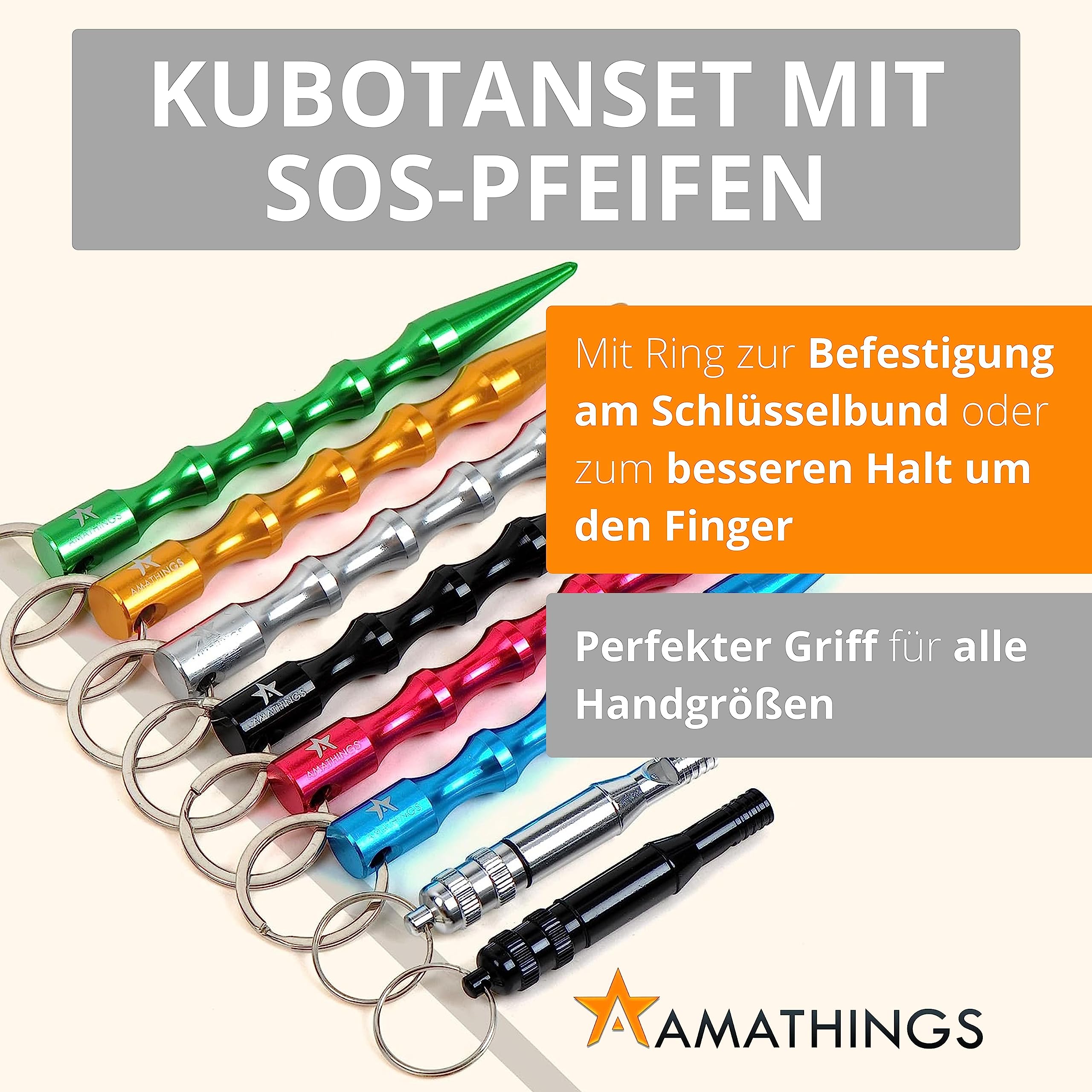 AMATHINGS 6 Stück Kubotan Selbstverteidigung Schlüsselanhänger und 2 Stück SOS-Pfeifen – Verteidigungs Waffen für Frauen mit ergonomischem Griff – Selbstverteidigung Waffen legal