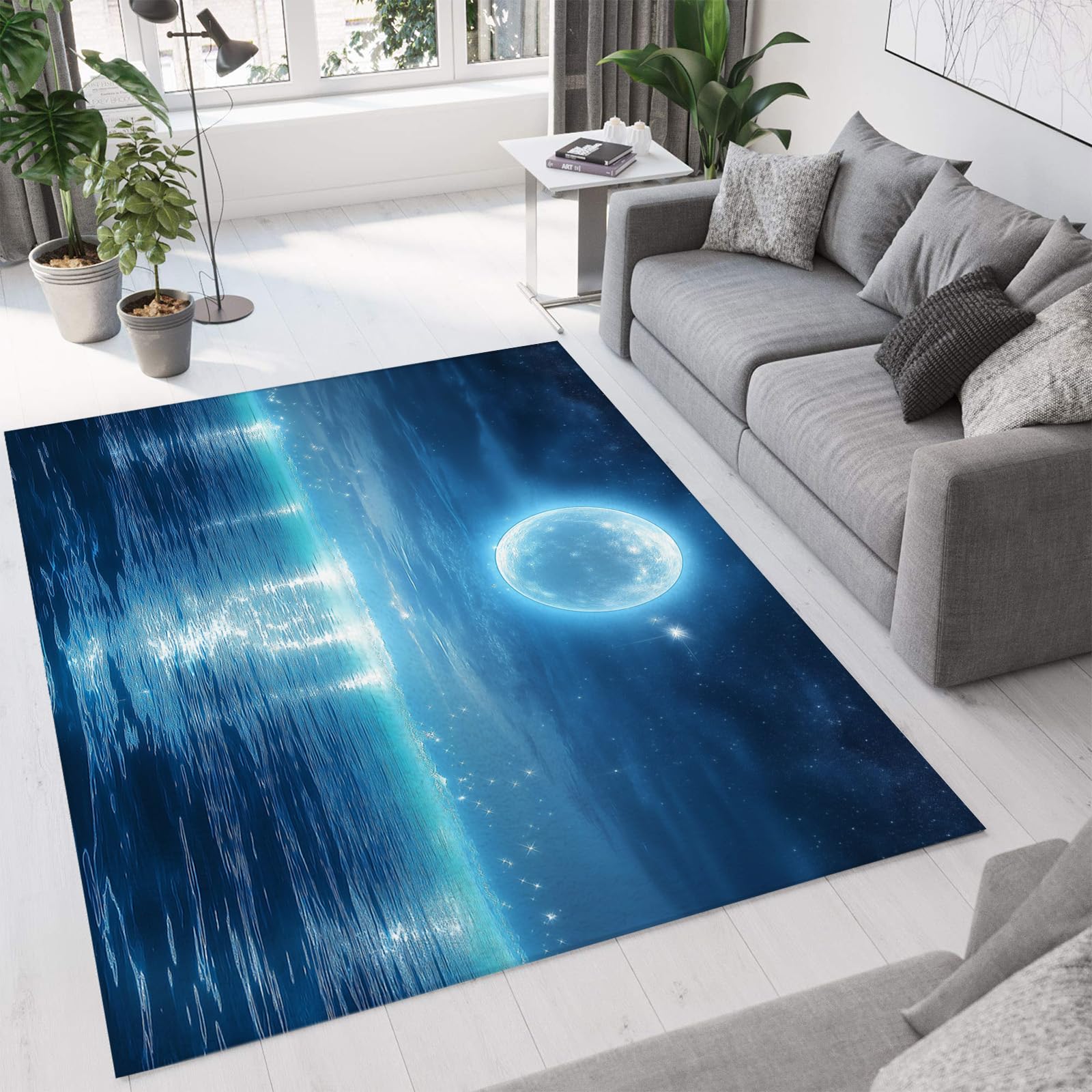 CEDNXOER Large Rugs for Living Room Bedroom Rug, 120×180cm Super Soft Dense Pile Fluffy Shaggy Area Rug, Moonlight sea Natural scenery Design Non Slip Bedroom Carpet Mat Kitchen Floor Mat