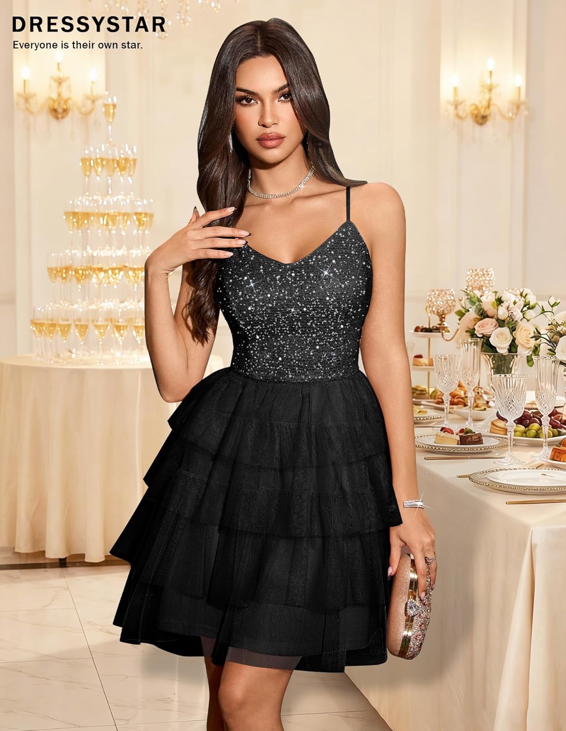 Dressystar 2026 Women's Tiered Sparkly Sequin Glitter Formal Prom Dress Mini Spaghetti Strap Tulle Cocktail Party Dresses - Image 2