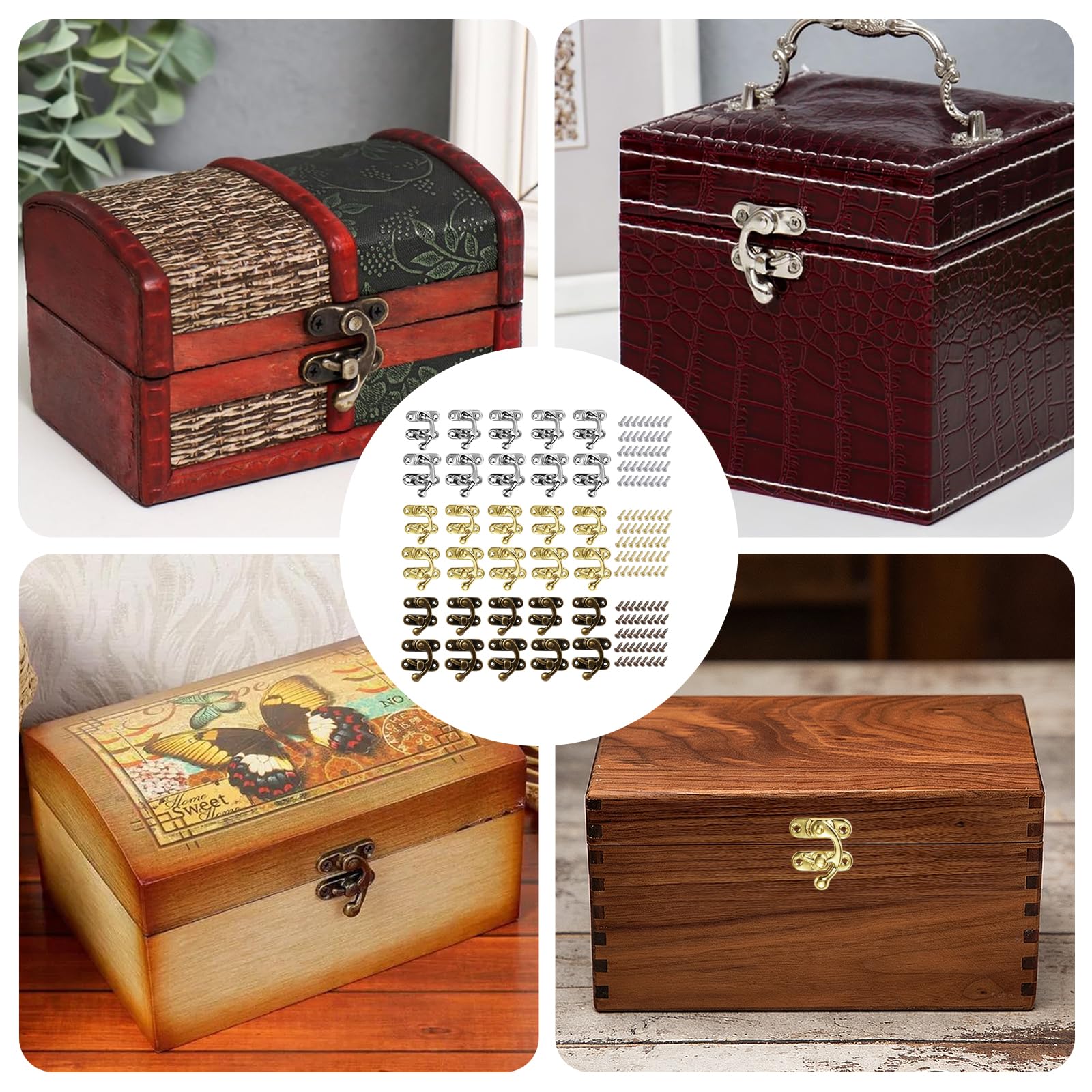 30 chiusure a sgancio rapido, vintage, con 120 viti, chiusura a scatto, per scatola di legno, portagioie, confezione regalo (argento, oro, rame antico)