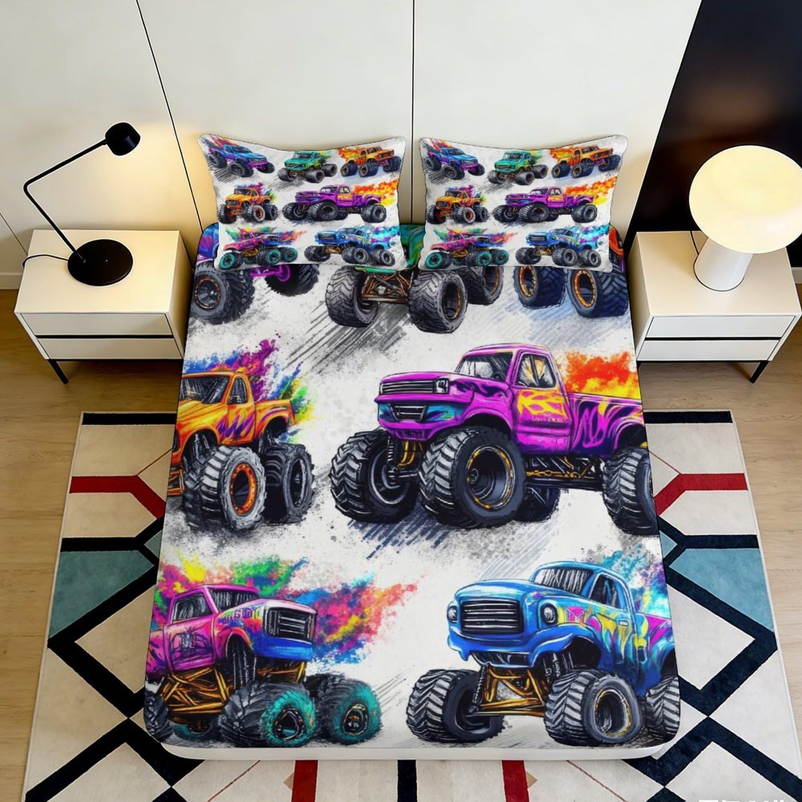 3D Printed Monster Truck Fitted Sheet Microfiber Soft Vibrant Bed Cover for Bedroom Dorm Mattress Protection Decor 90x200x25cm