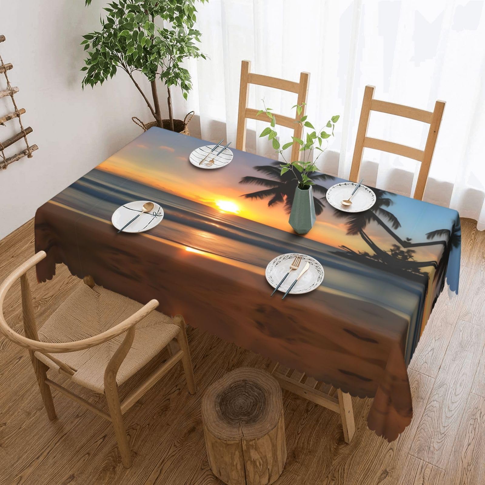 HLSBSSL Sunset beach Patterned square lace tablecloth, wrinkle-resistant and durable, suitable for dining tables, parties, etc.