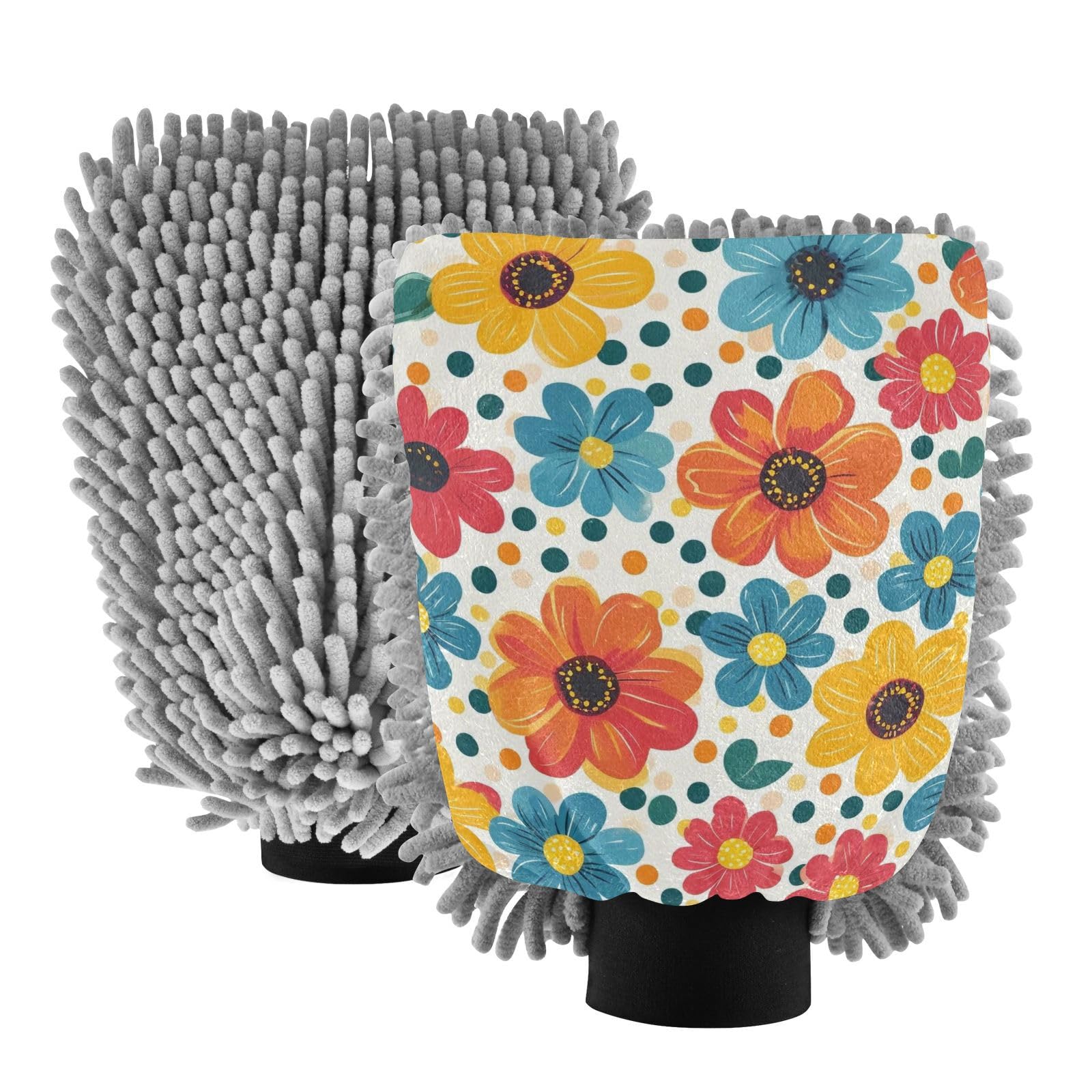 Hezely Colourful Flowers Car Wash Mitt, 2PK Scratch Free Lint-Free for Car Washing and Detailing