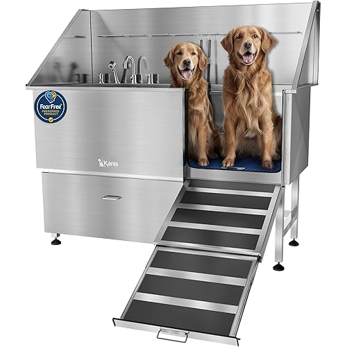 KANIS Professional Stainless Steel Dog Bathing Station - Grooming Tub w/Ramp, Storage Drawer, Floor Grate & Faucet/Dog Bathtub for Large, Medium & Small Pets (61", 1 Drawer - Right RAMP)