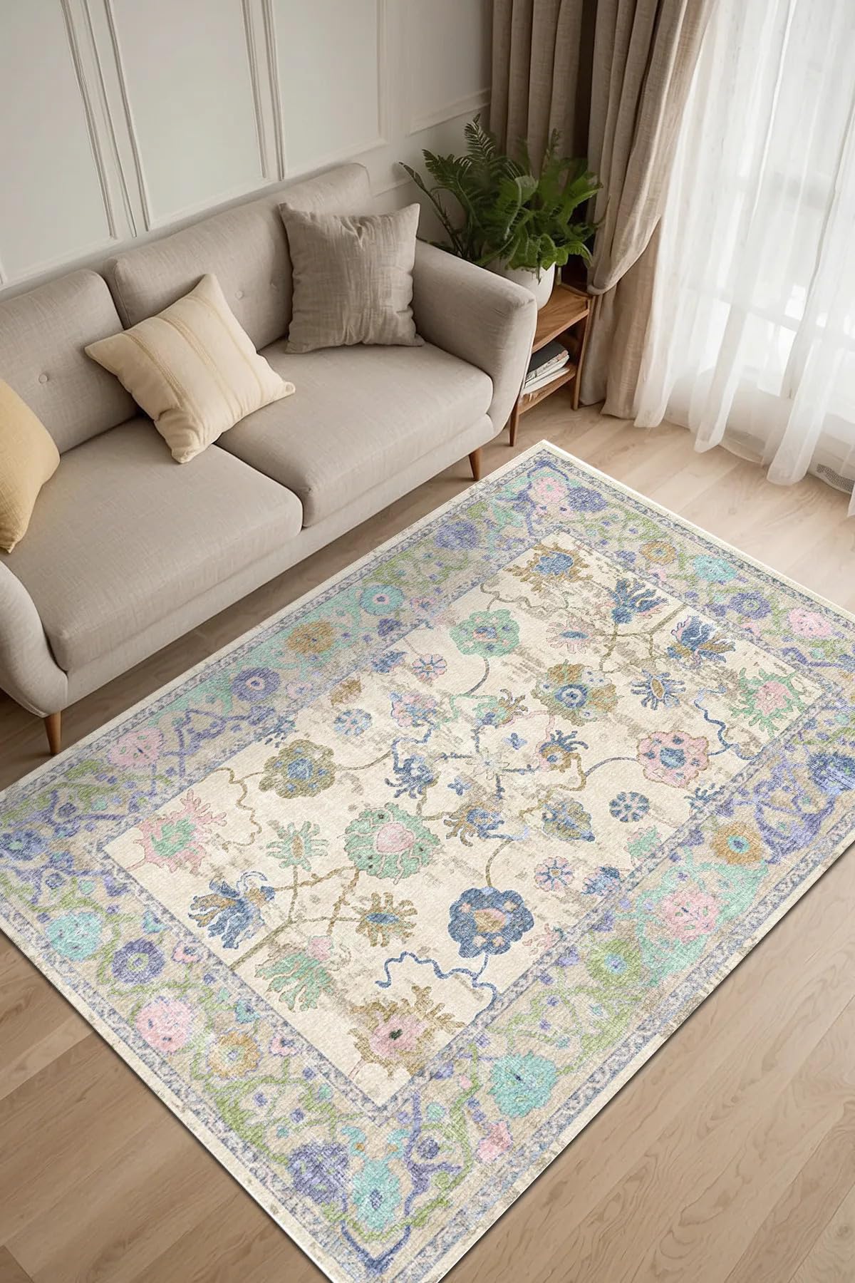 Simay Vintage Desenli Şönil Pamuk Tabanlı Yıkanabilir Kaymaz Antibakteriyel Salon Halısı 100x200